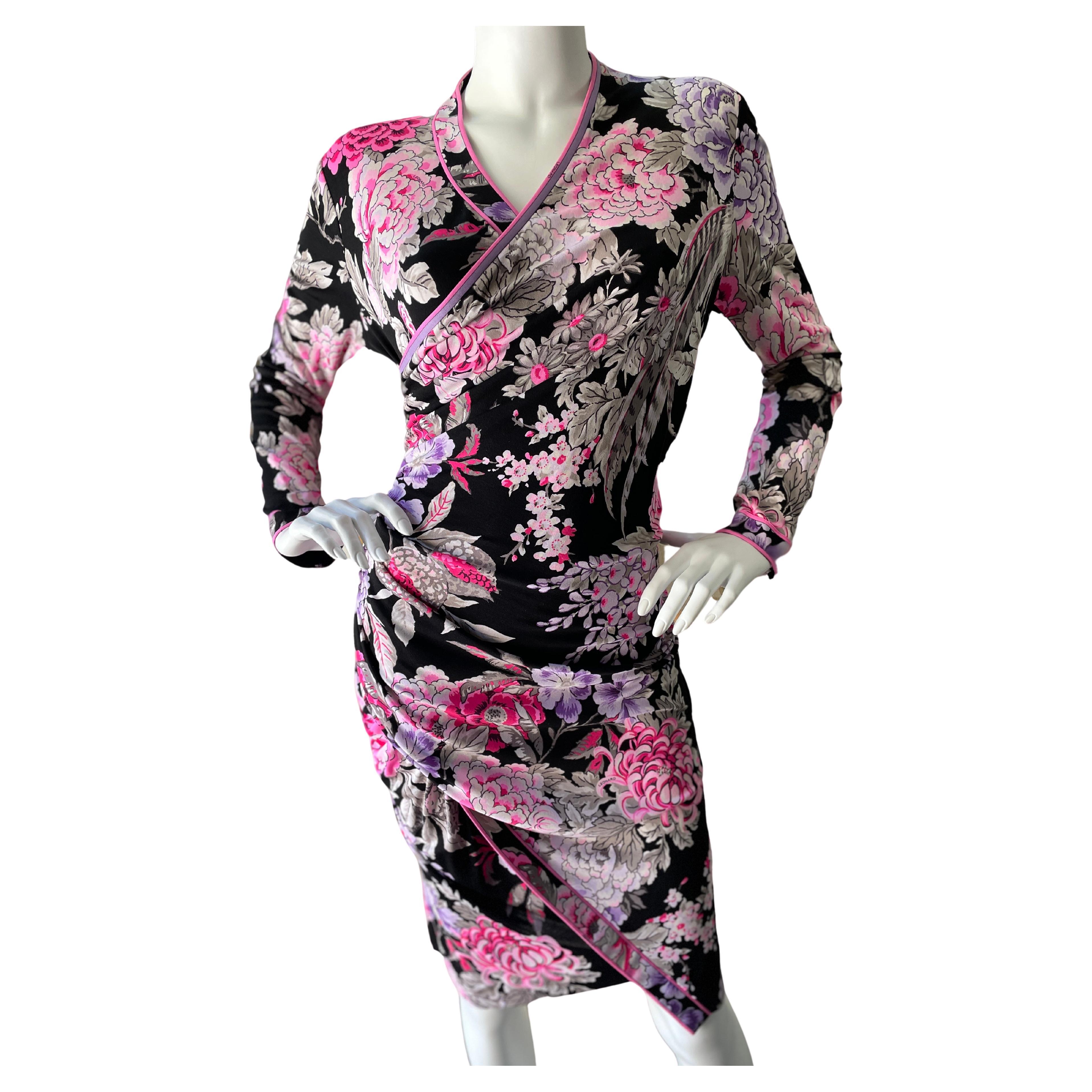  Leonard Paris Vintage 80s Long Sleeve Floral Print Silk Jersey Dress  For Sale