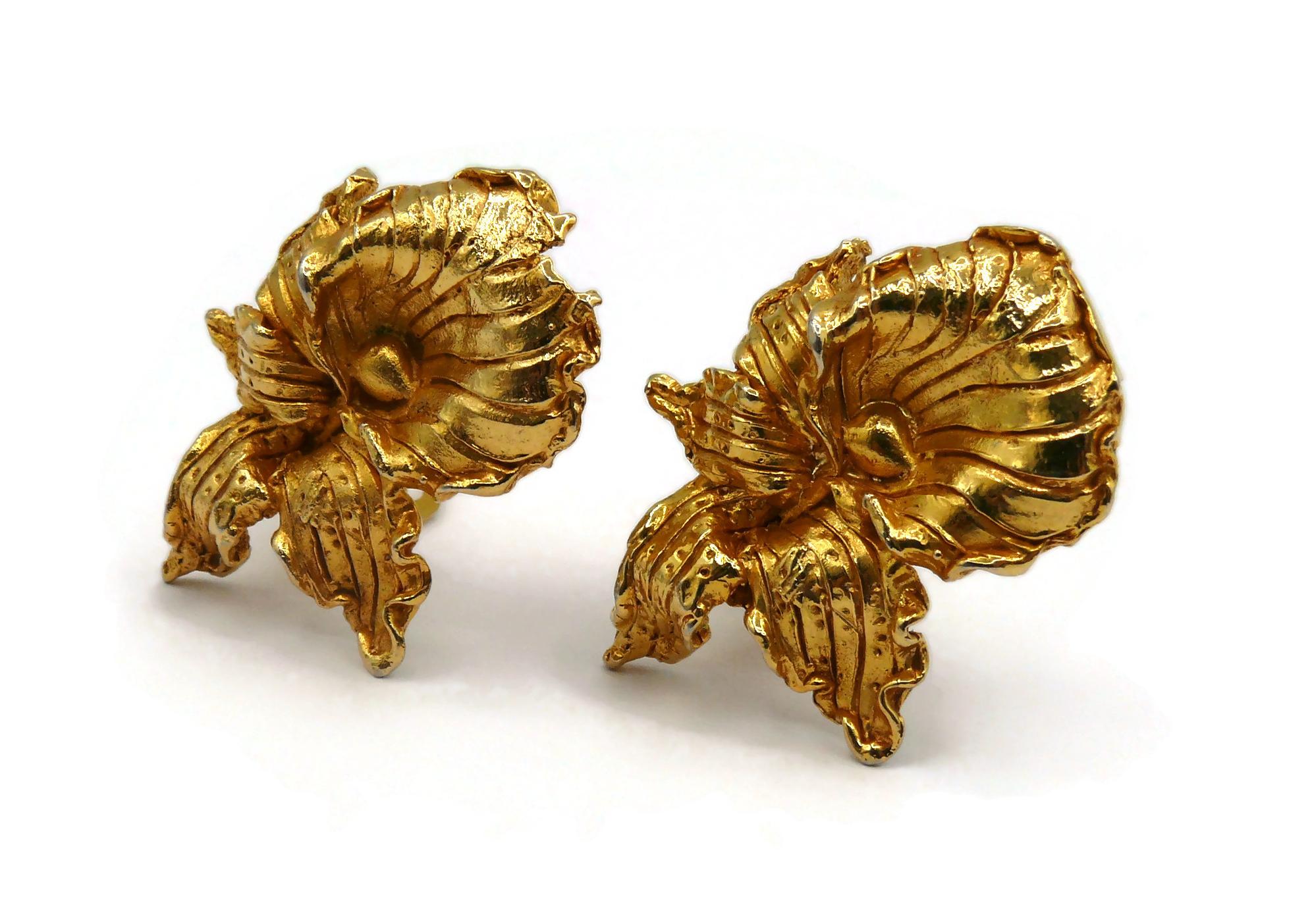 Women's LEONARD Paris Vintage Gold Tone Orchid Clip-On Earrings For Sale
