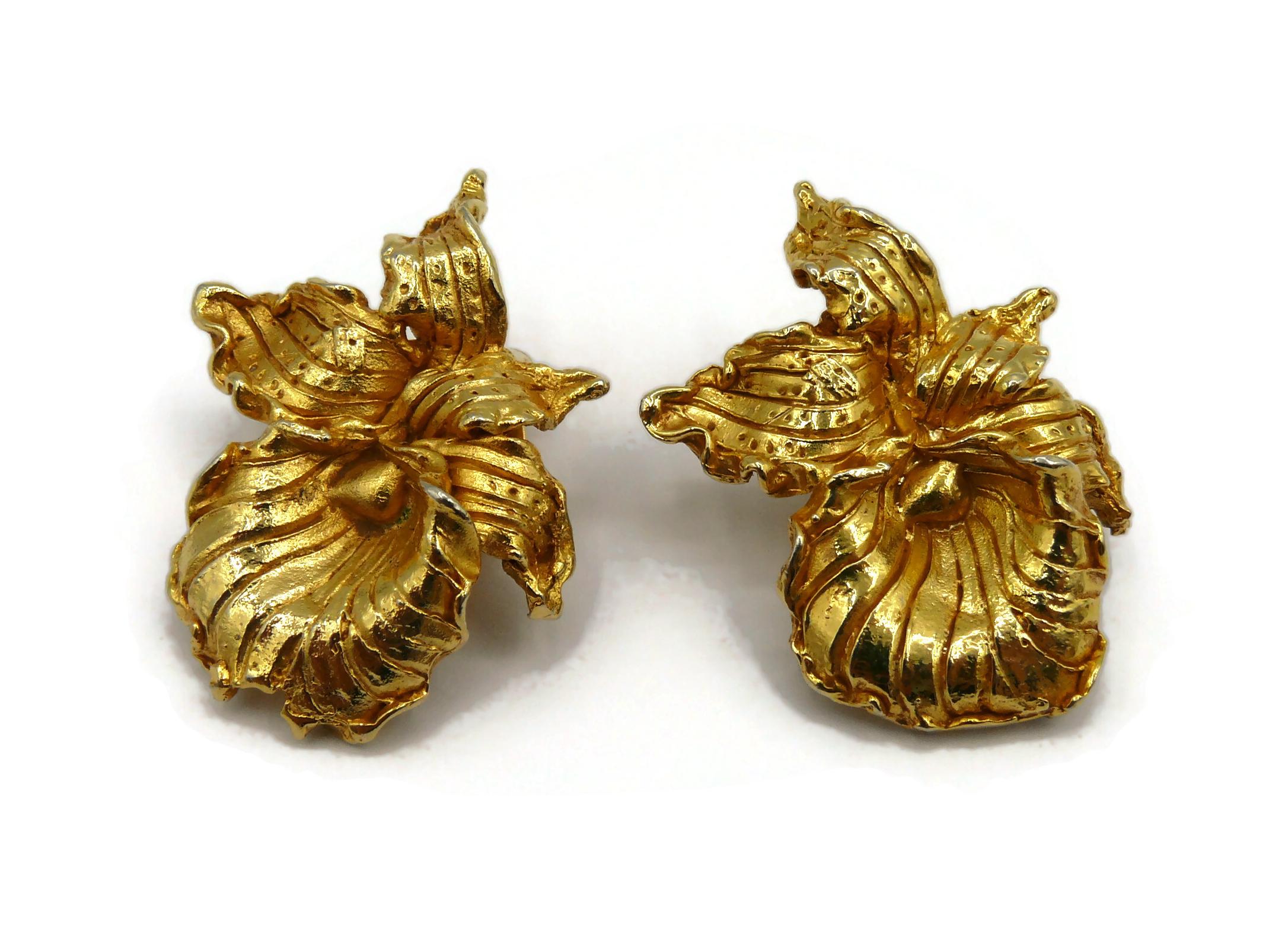 LEONARD Paris Vintage Gold Tone Orchid Clip-On Earrings For Sale 1