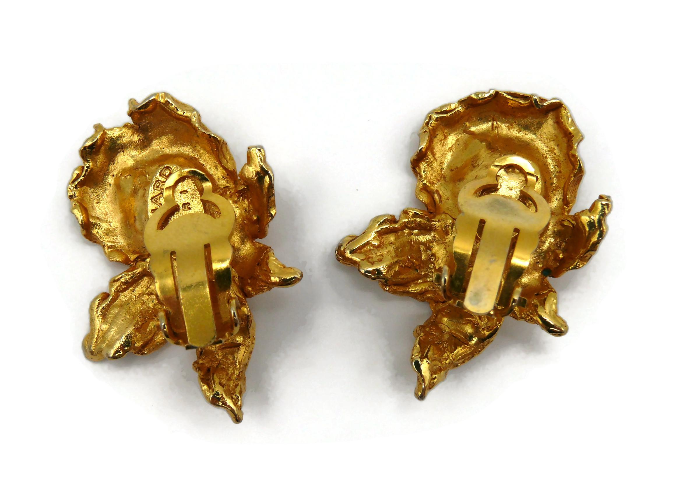LEONARD Paris Vintage Gold Tone Orchid Clip-On Earrings For Sale 2