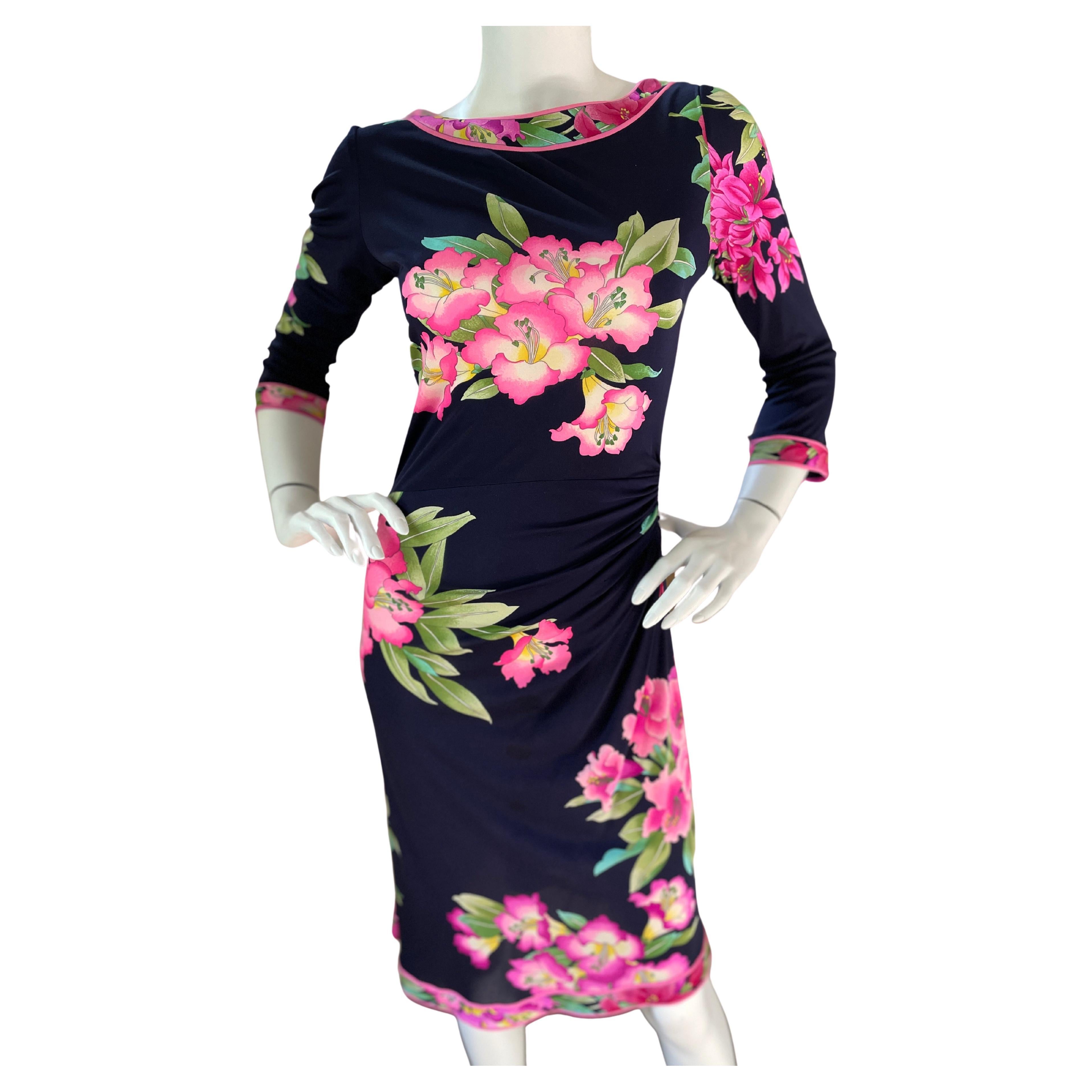 Leonard Paris - Robe à fleurs en jersey de soie bleu marine vintage