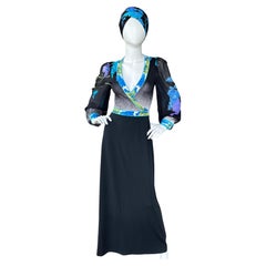 Leonard Paris Vintage Plunging Silk Lilac Flower Dress with Matching Turban