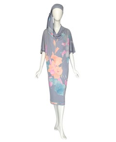 Leonard Paris Vintage Signed Floral Caftan Dress with Matching Belt Scarf, 1980s