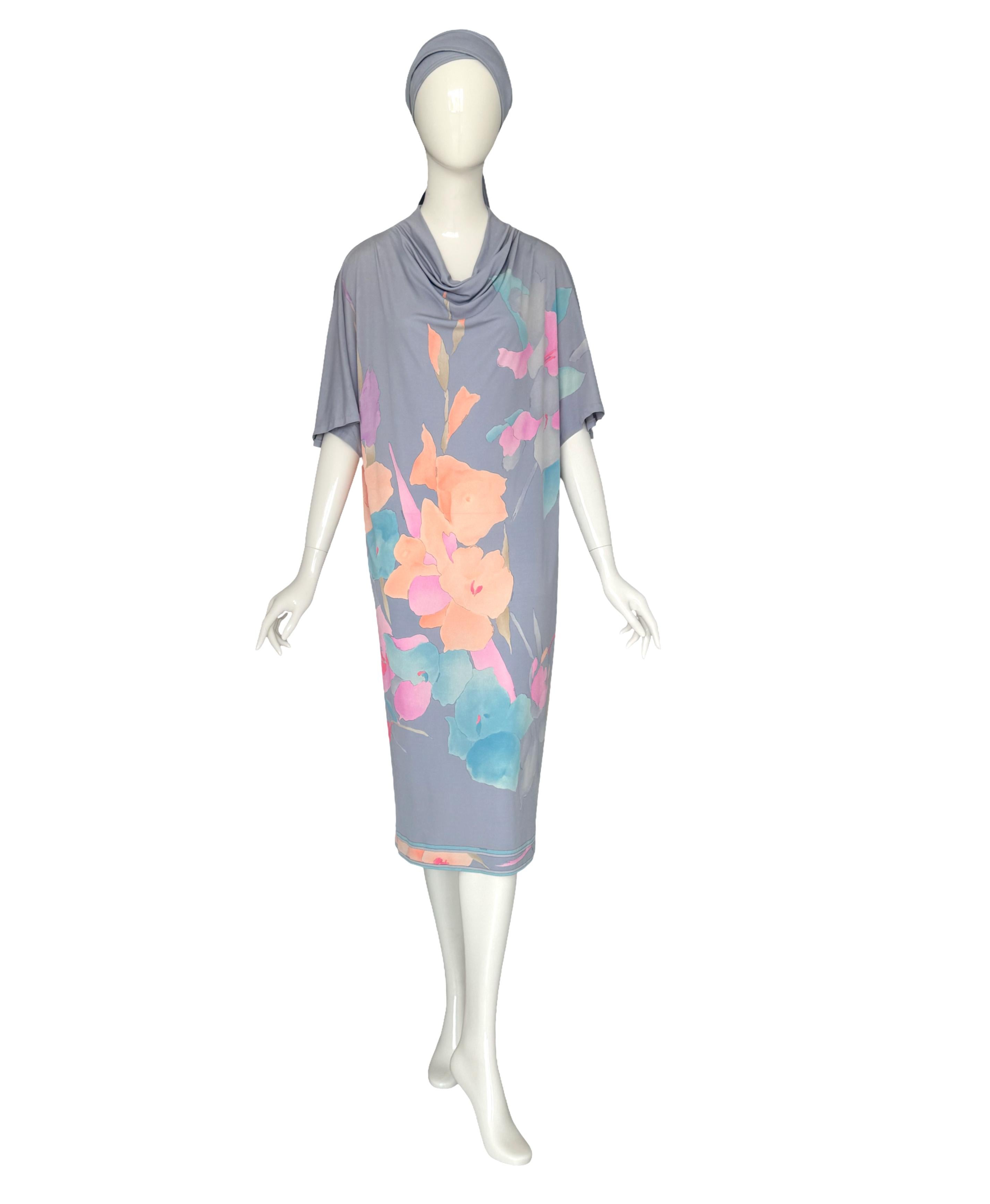 Leonard Paris Vintage signiert Floral Kaftan Kleid mit passendem Gürtel Schal, 1980er Jahre im Angebot 2