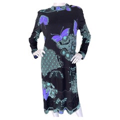 Leonard Paris Vintage Silk Jersey Black Butterfly Pattern Dress