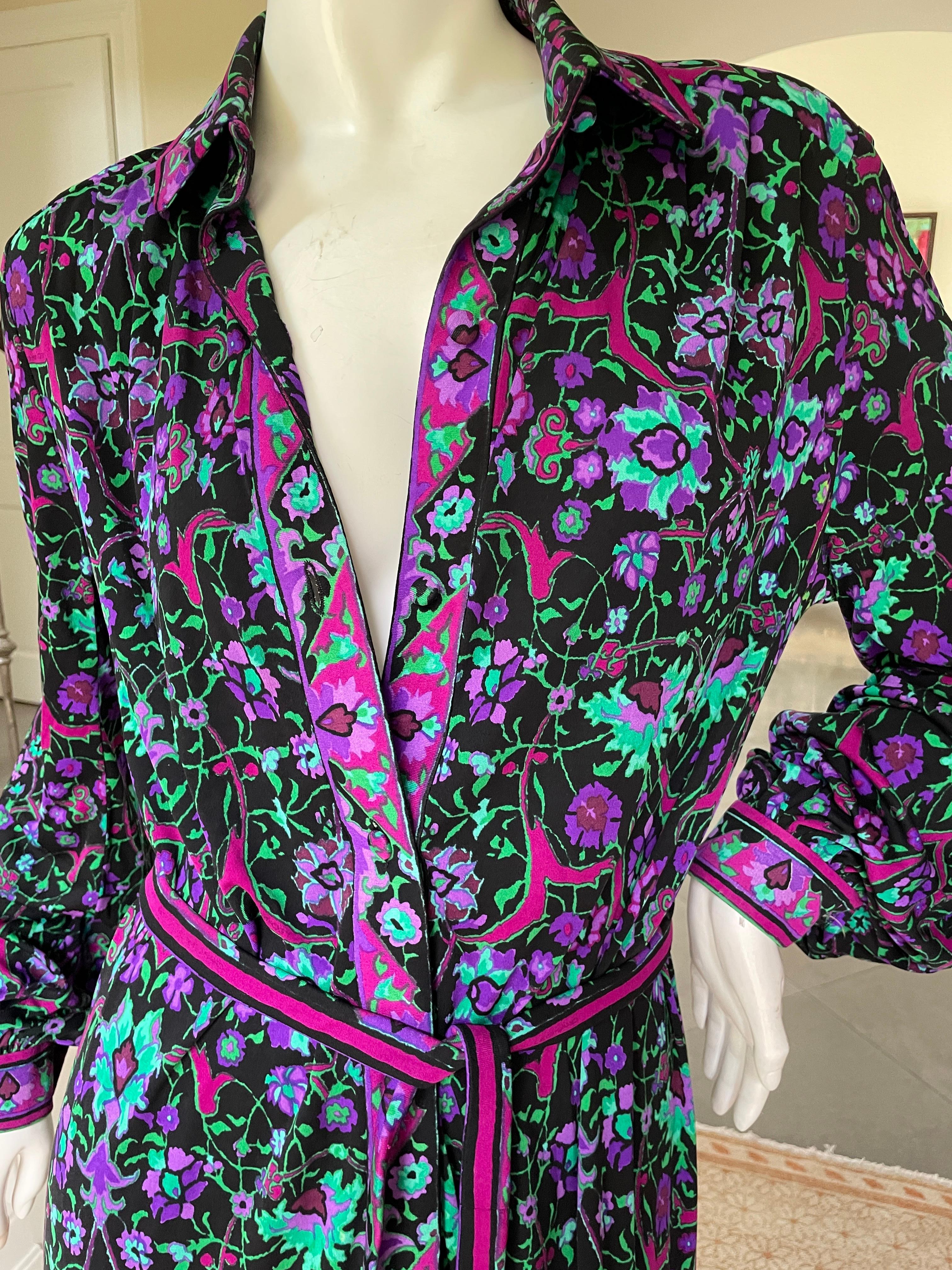 Leonard Paris Vintage Silk Jersey Floral Shirt Dress with Gold Fringe Belt XL For Sale 1