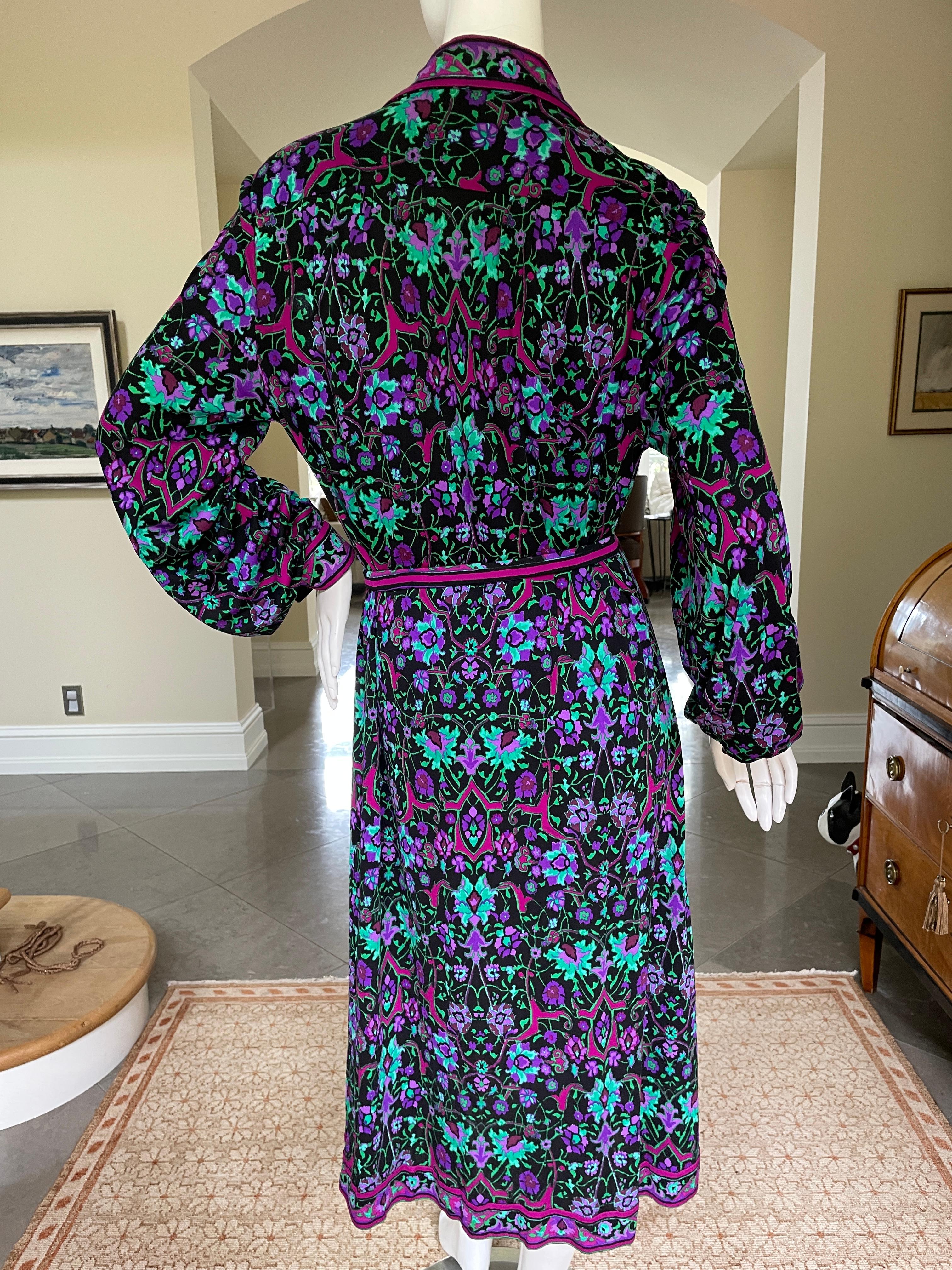 Leonard Paris Vintage Silk Jersey Floral Shirt Dress with Gold Fringe Belt XL For Sale 3