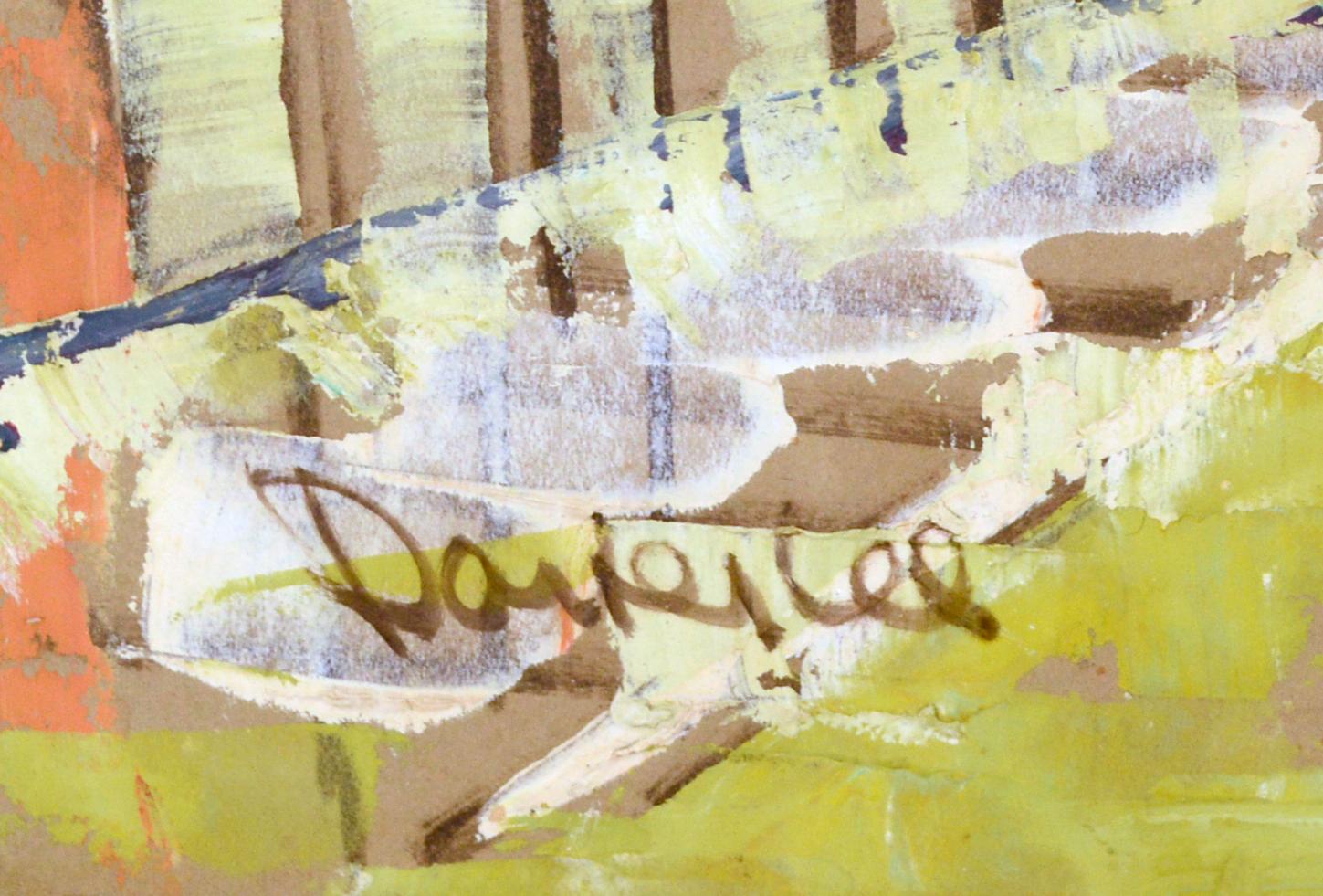 Peinture à l'huile originale d'une scène de village abstraite - Beige Landscape Painting par Leonard (Parker Lee) Leibsohn