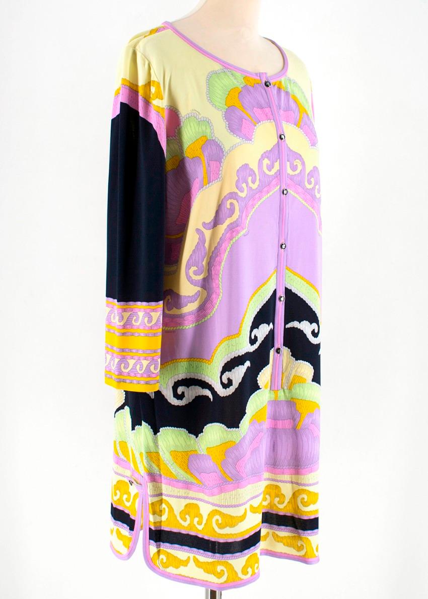 Leonard Purple Pink and Black Patterned Shirt Dress 
Leonard Green Blue Shirt Dress 

- Pink, Purple, Black and Yellow pattern
- Soft 100% silk 
- Round neck
- Buttons down the centre of the dress
- Black enamel and silver-tone buttons
- Small slit