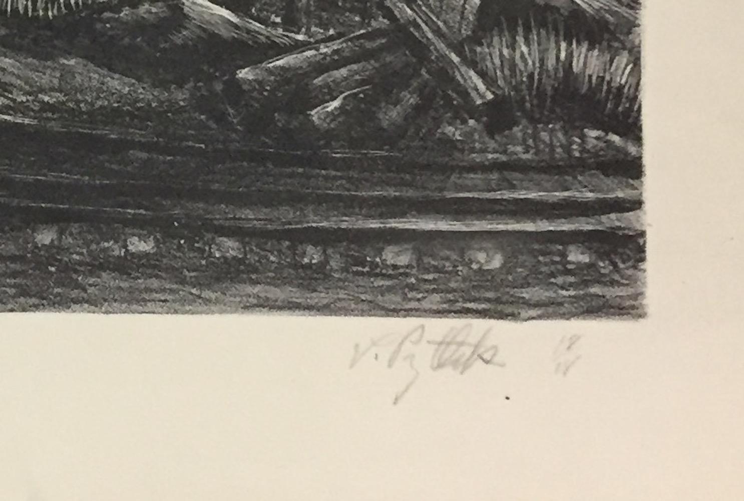 This lithograph is signed and number in pencil. It is numbered 18/18 indicating there were 18 impressions of this subject printed.

