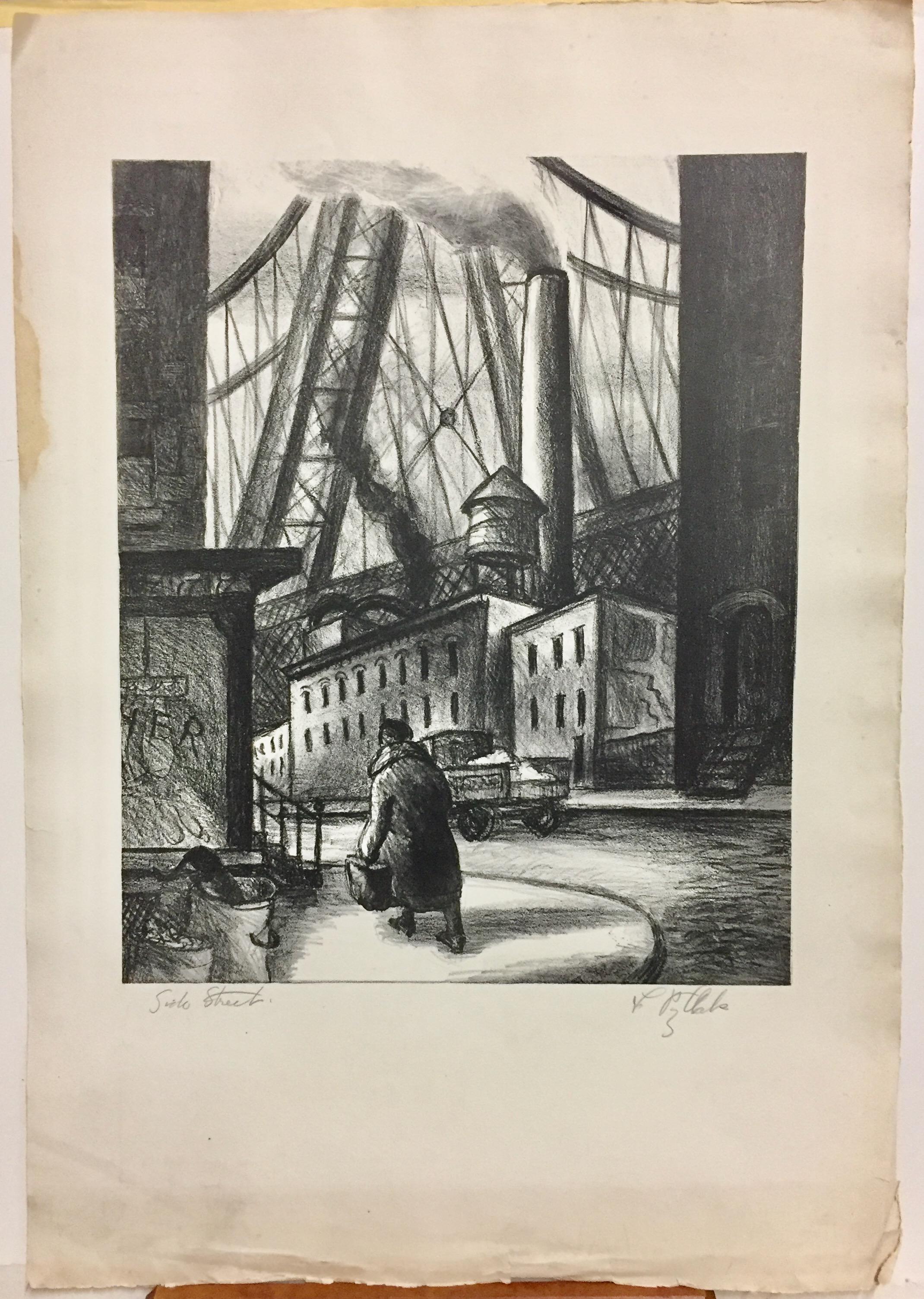 This lithograph is signed in pencil.

Leonard Pytlak lived on the East Side of Manhattan and this image recalls the 59th Street Bridge (also known as the Queensboro Bridge and the Ed Koch Queensboro Bridge), completed in 1909. It goes from Manhattan