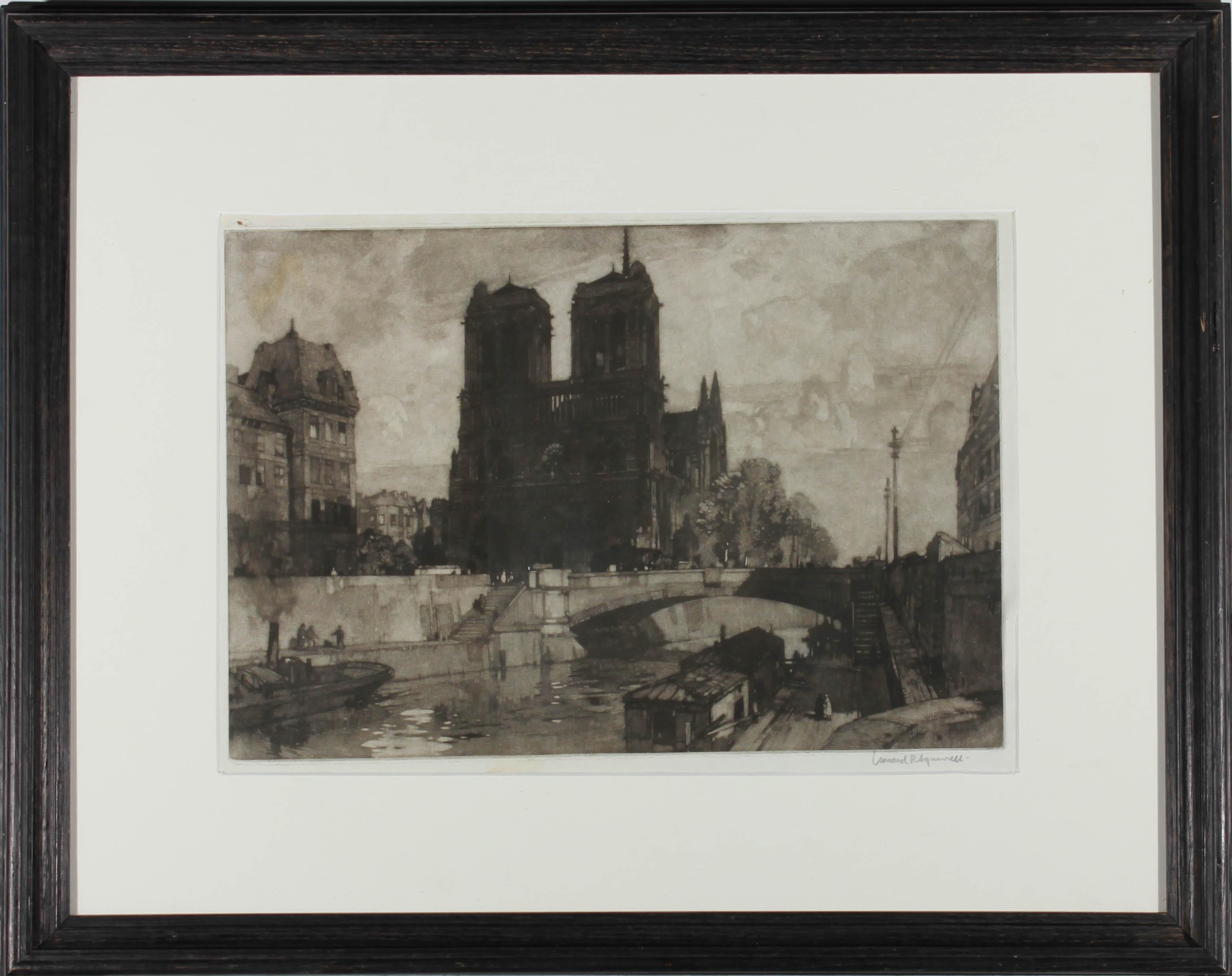 This charming mezzotint depicts the façade of Notre Dame in Paris. Signed in graphite below the plate lines. On paper.
