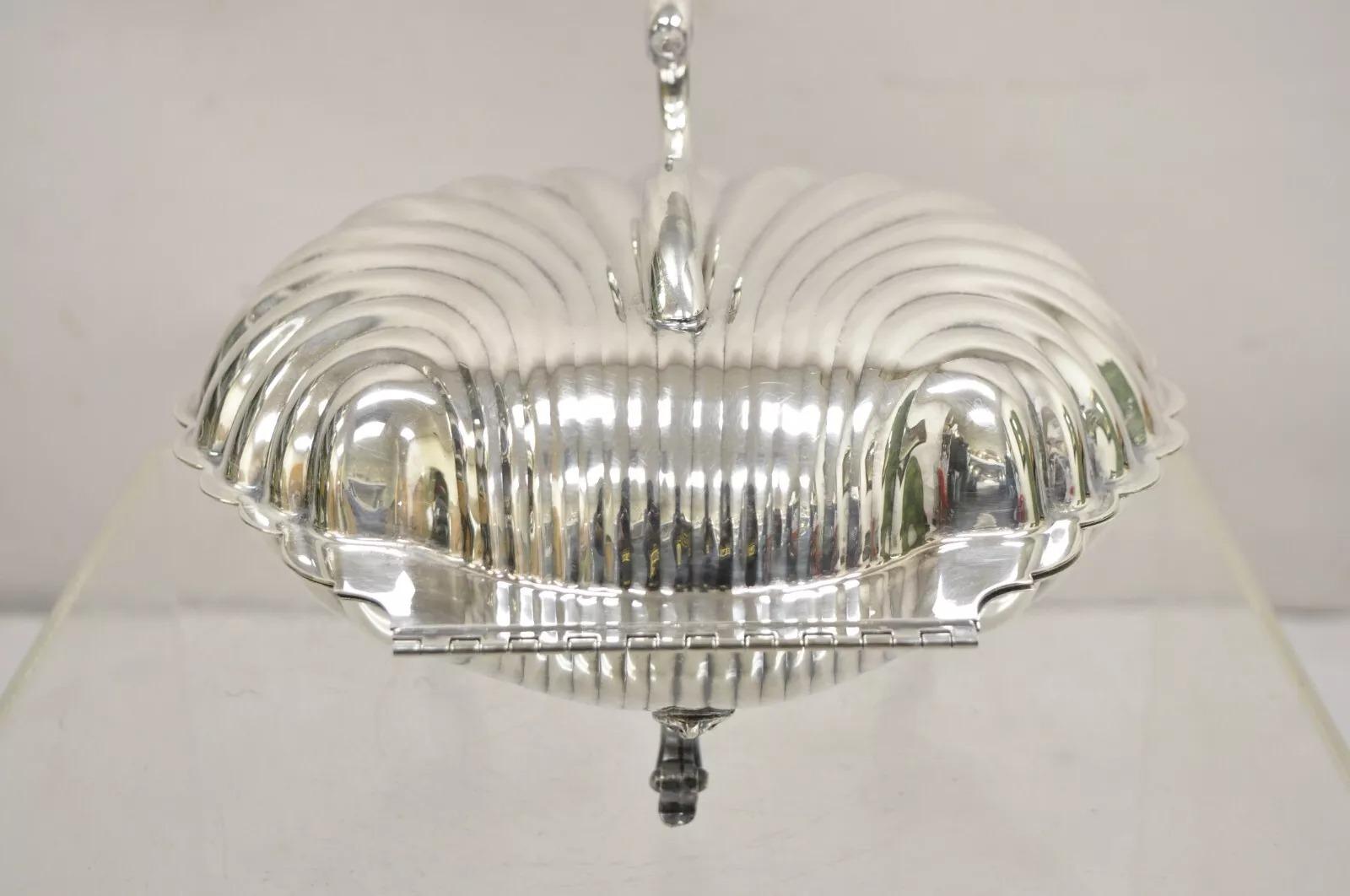 20th Century Leonard Regency Style Silver Plated Clam Shell Hinged Warmer with Swan Handle For Sale