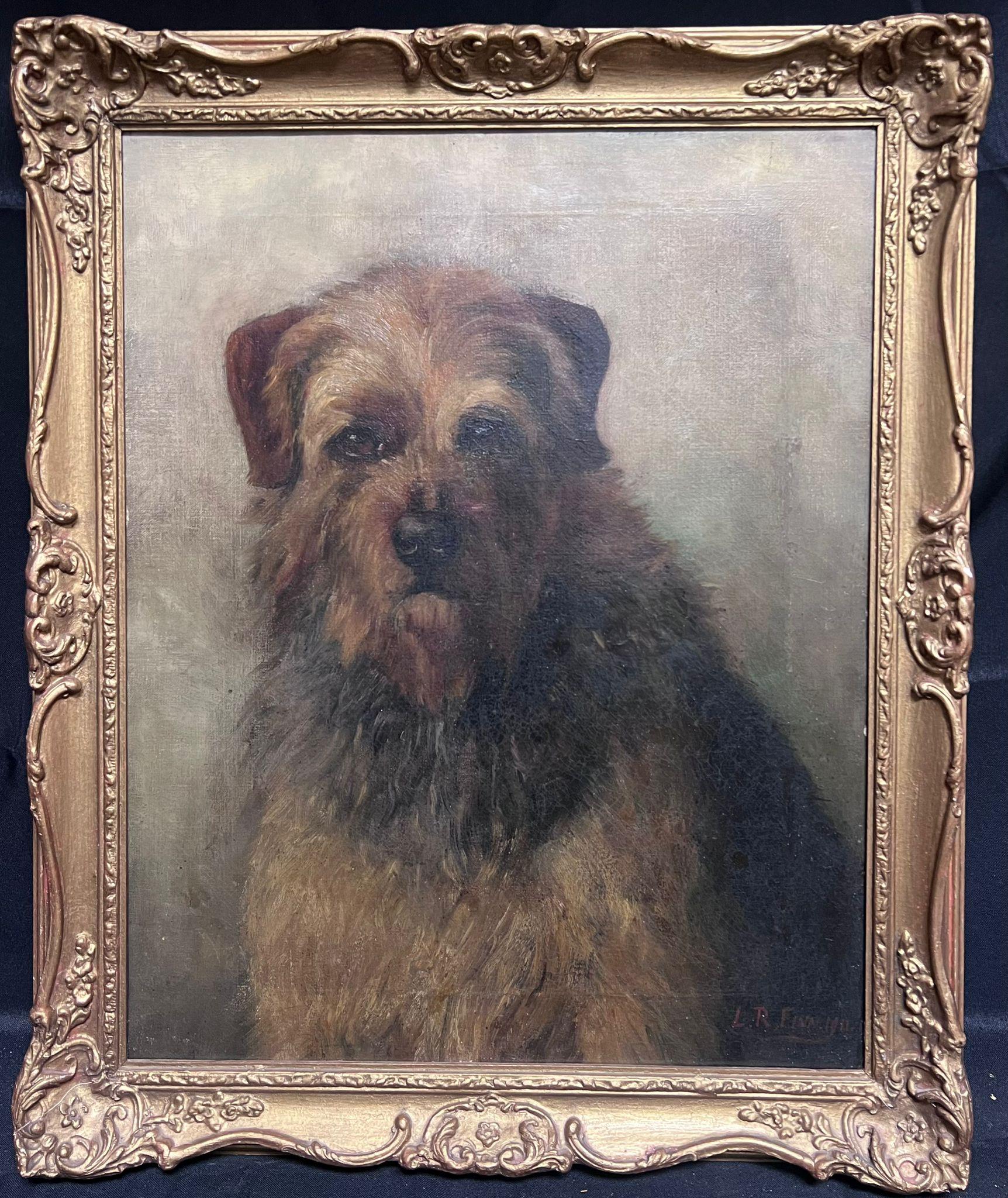 Antique English Dog Painting Portrait of Border Terrier framed oil painting
