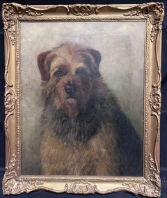 Ancienne peinture à l'huile anglaise d'un portrait de terrier de bordure encadrée