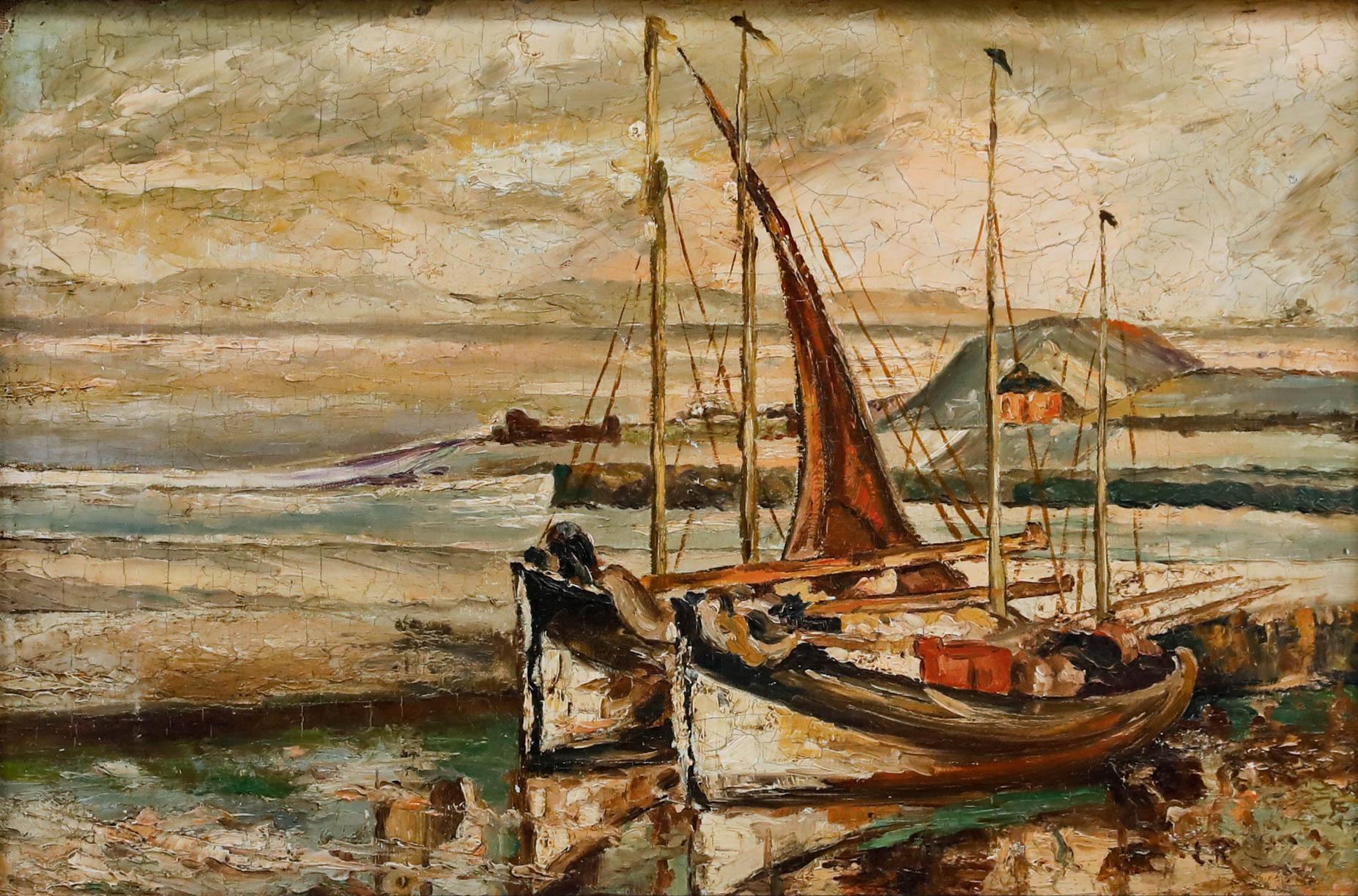 Attrib. Leonard Richmond (1889-1965) - Oil, Moored Boats in a Coastal Inlet For Sale 1
