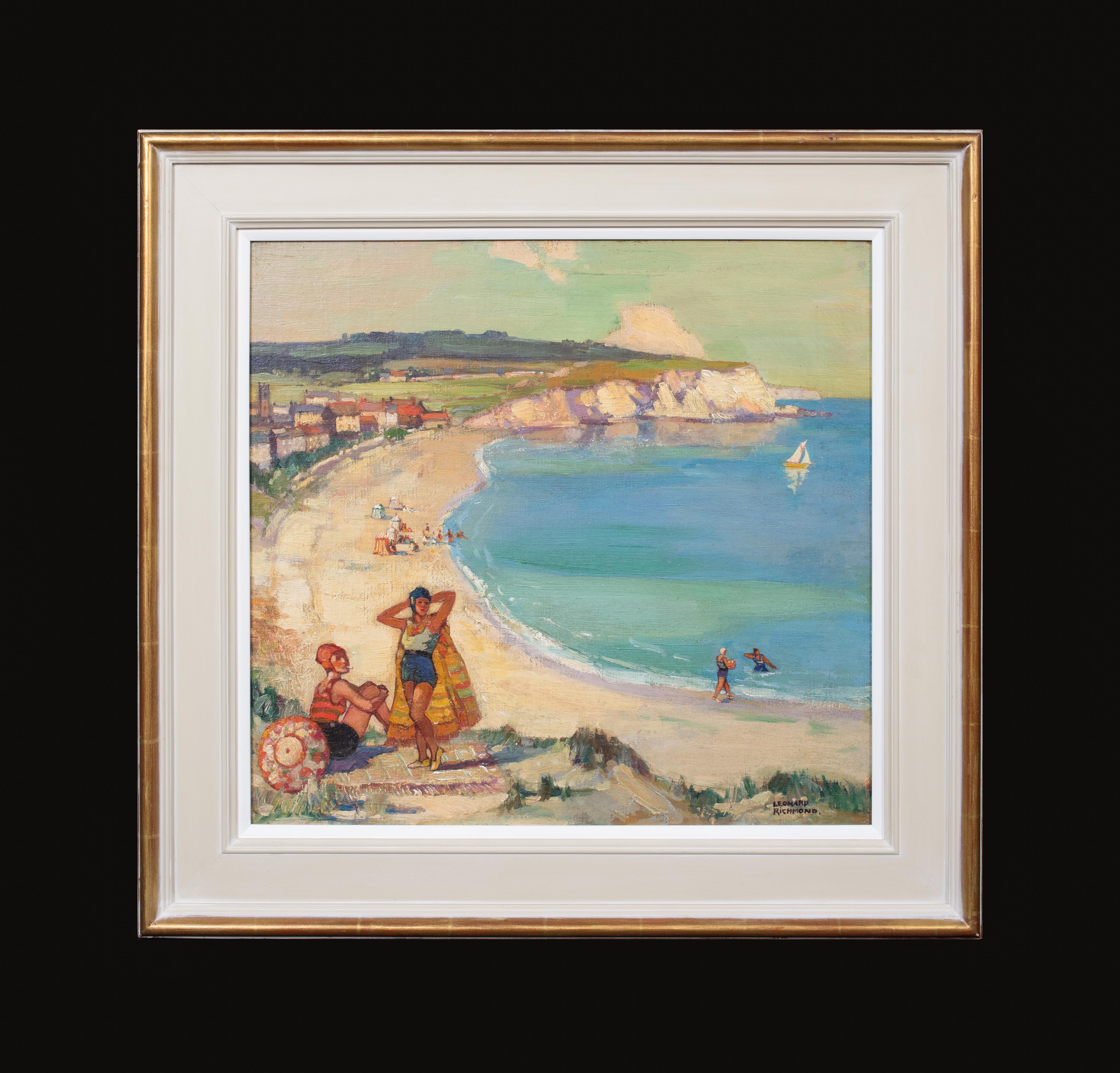 Bathers At The Beach, Near St Ives, circa 1930 - Brown Landscape Painting by Leonard Richmond
