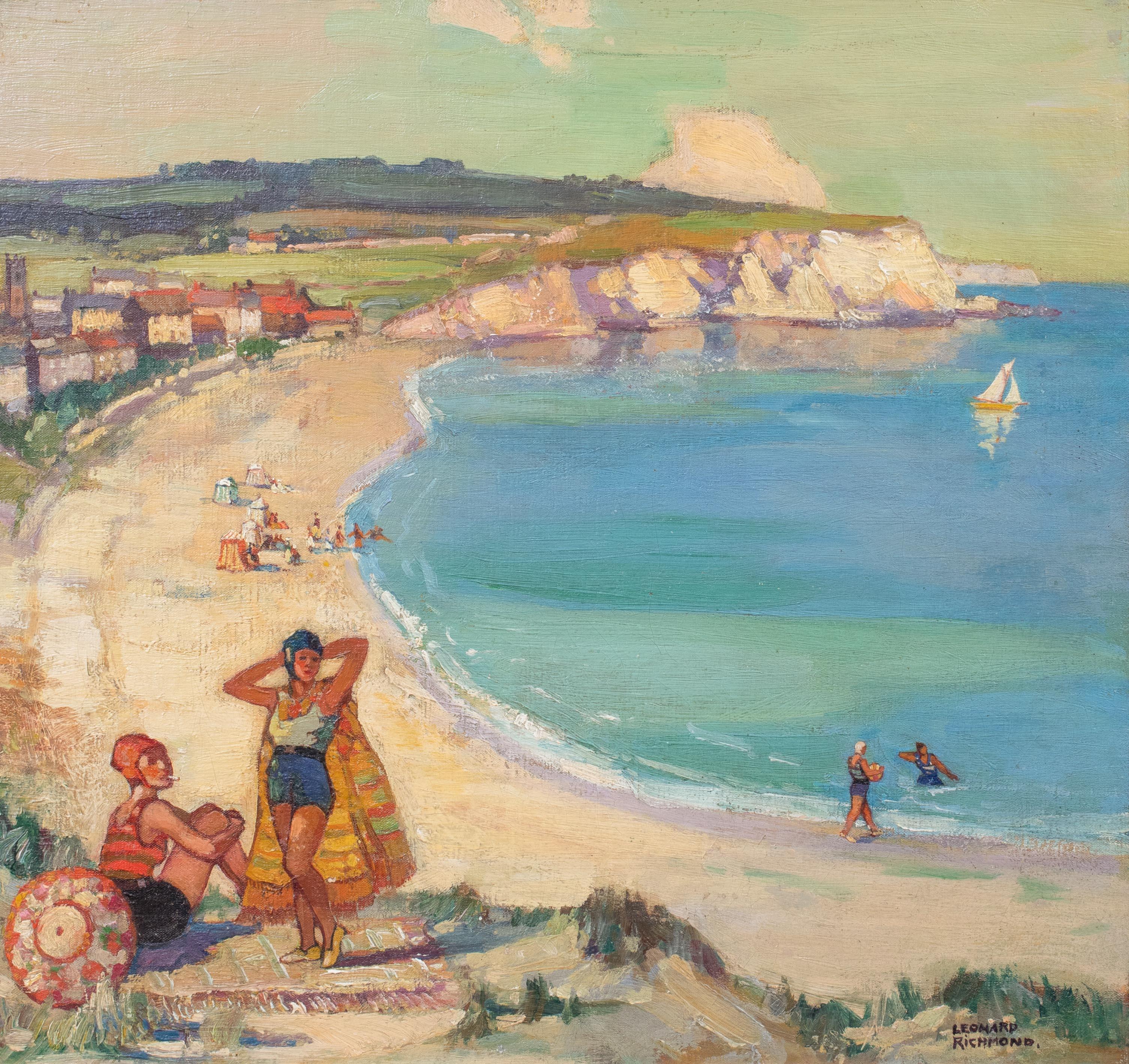 Leonard Richmond Landscape Painting - Bathers At The Beach, Near St Ives, circa 1930
