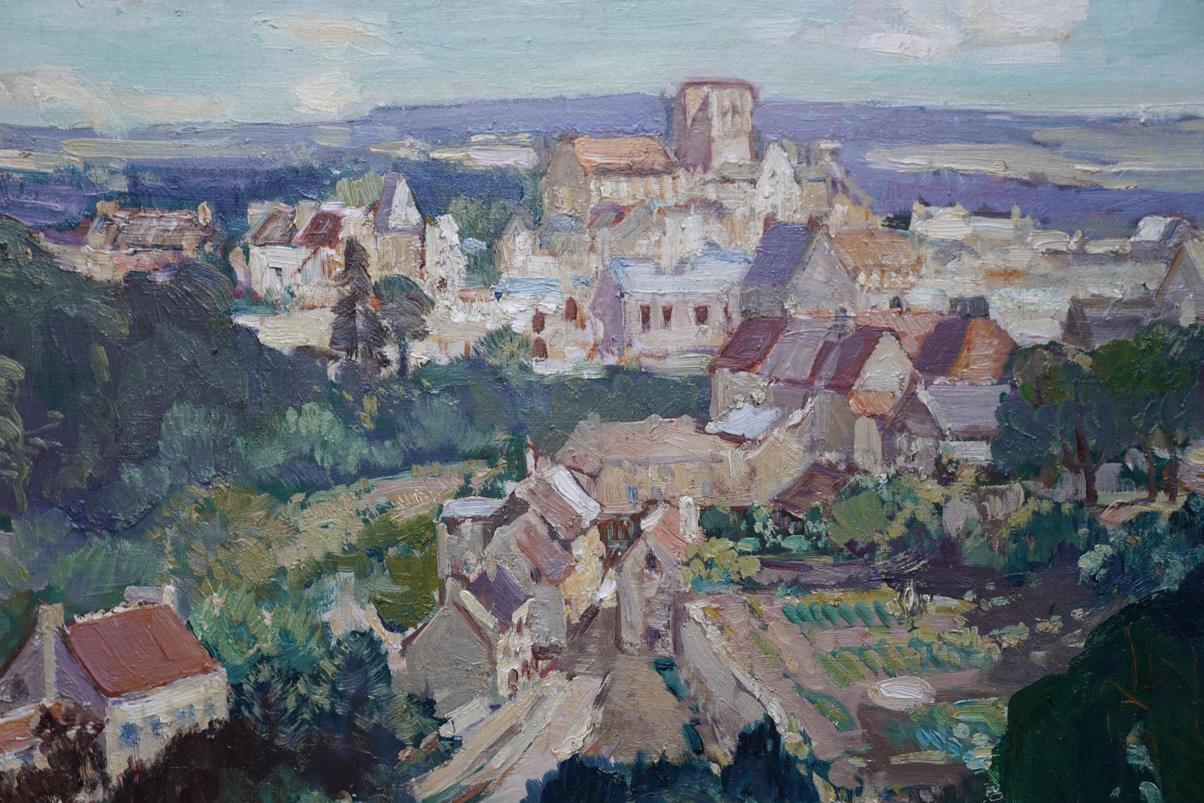 A fine landscape oil painting by noted British artist Leonard Richmond. It is a wonderful panoramic view of a French town and surrounding landscape by Richmond, who painted many views around Les Andeleys in France and dates to circa 1940. Beautiful