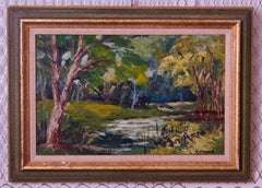 Río Woodland - Paisaje de bosque al óleo de mediados del siglo XX por Leonard Richmond