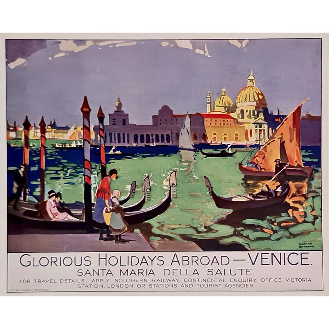 El cartel original de Leonard Richmond de "Vacaciones gloriosas en el extranjero: Venecia" es una evocadora representación de los viajes de entreguerras, que promociona Venecia como destino de ensueño para los turistas internacionales. Creado en una