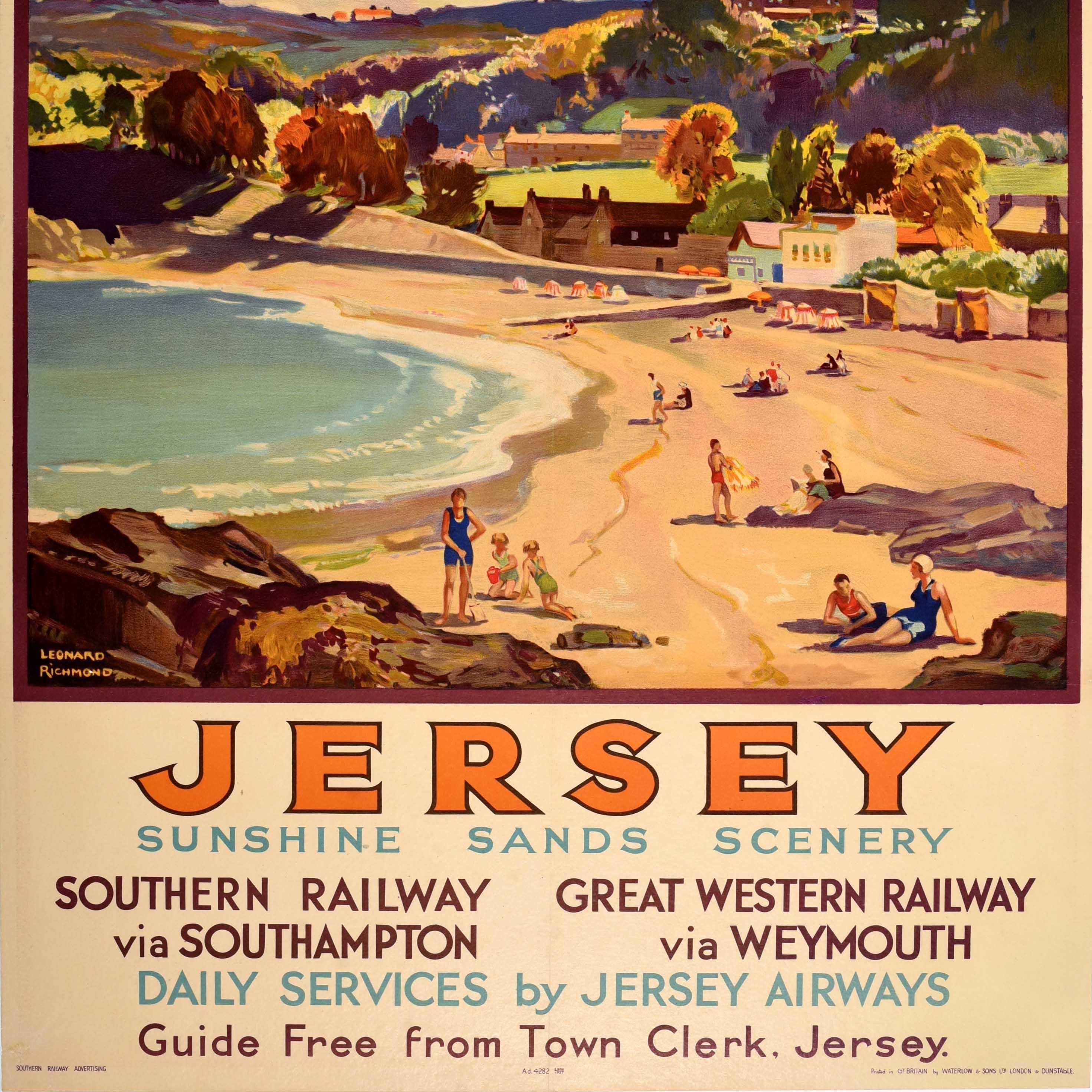 Original Vintage Travel Poster Jersey Island Sunshine Art Deco Leonard Richmond For Sale 3