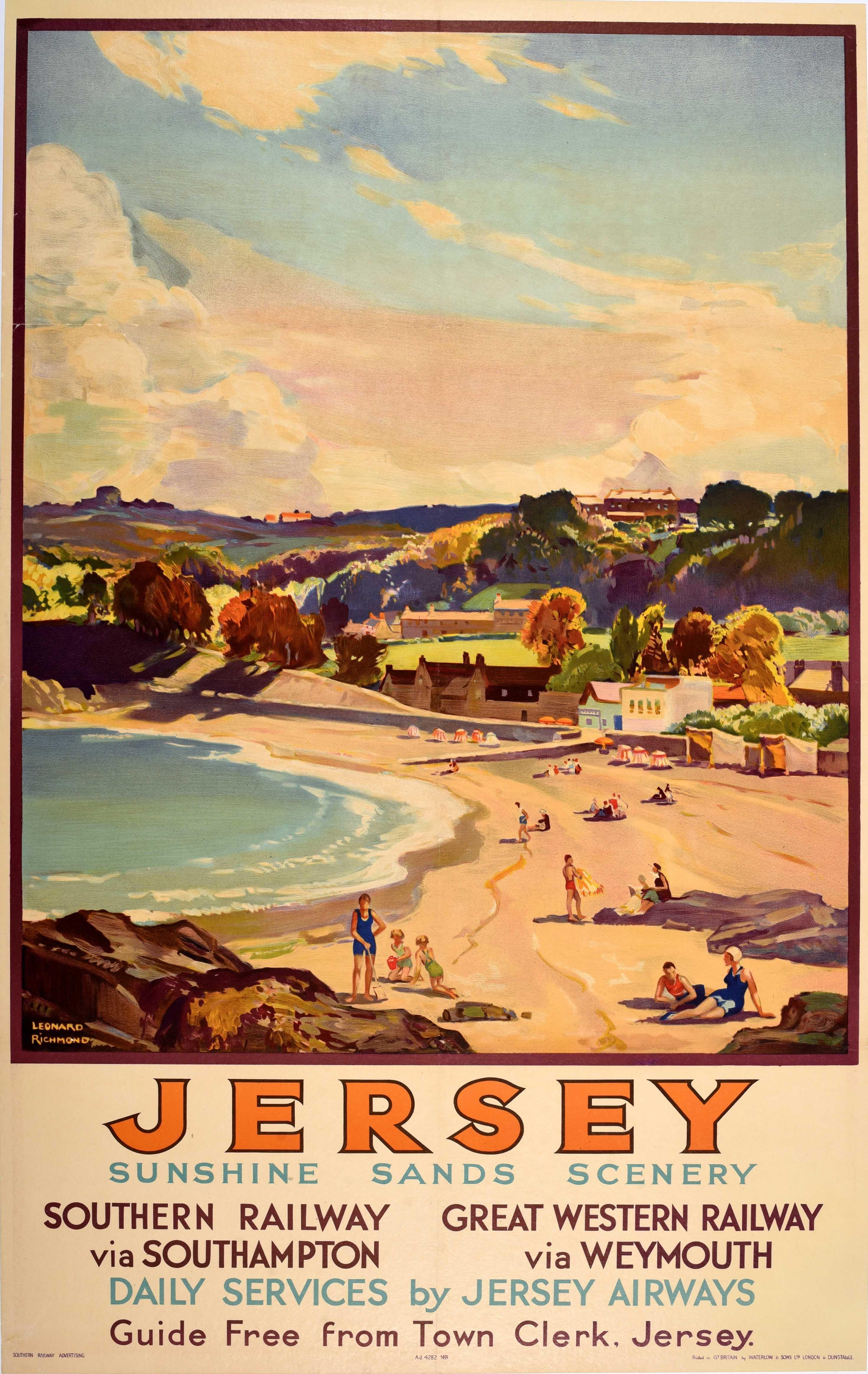 Original vintage train and air travel poster for Jersey Sunshine Sands Scenery featuring a colourful countryside painting by Leonard Richmond (1889-1965) showing people at the seaside in swimming suits sunbathing and relaxing on the sandy beach with