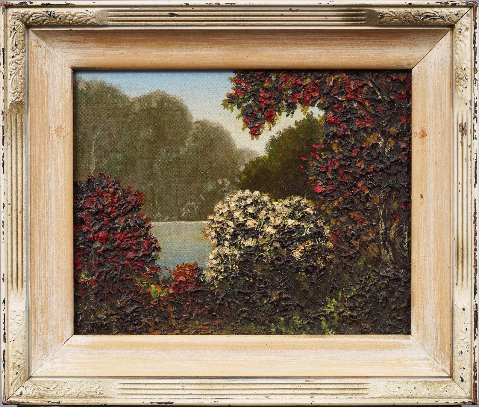 Antique American Impressionist Fall Landscape Thick Impasto Framed  Oil Painting - Beige Landscape Painting by Leonard Rodowicz 