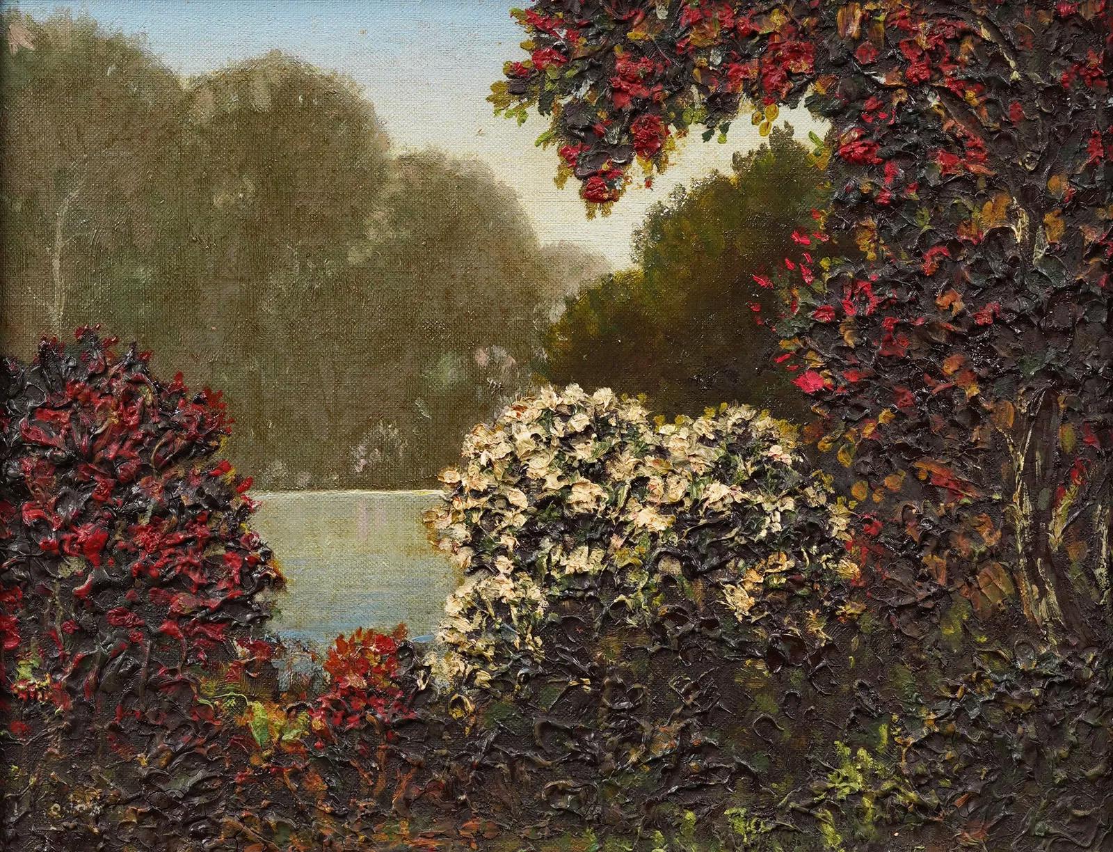 Antique American impressionist fall landscape oil painting by Leonard Rodowicz (1898 - 1981). Oil on board. Signed verso. Framed. Measuring 16 by 19 inches overall and 11 by 14 painting alone.