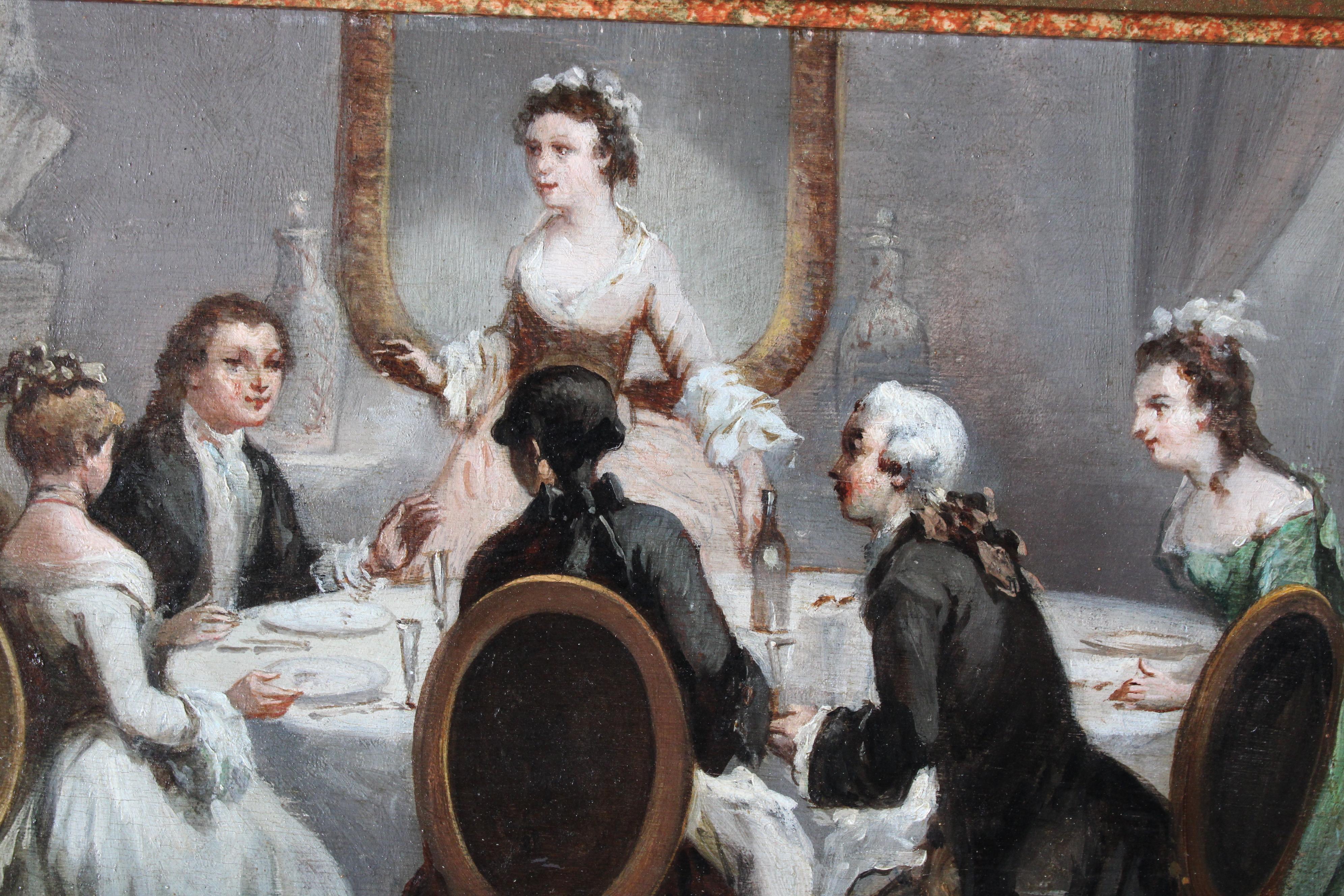 Antique interior oil painting signed Romantic oil painting of a dinner party - Painting by Léonard Saurfelt
