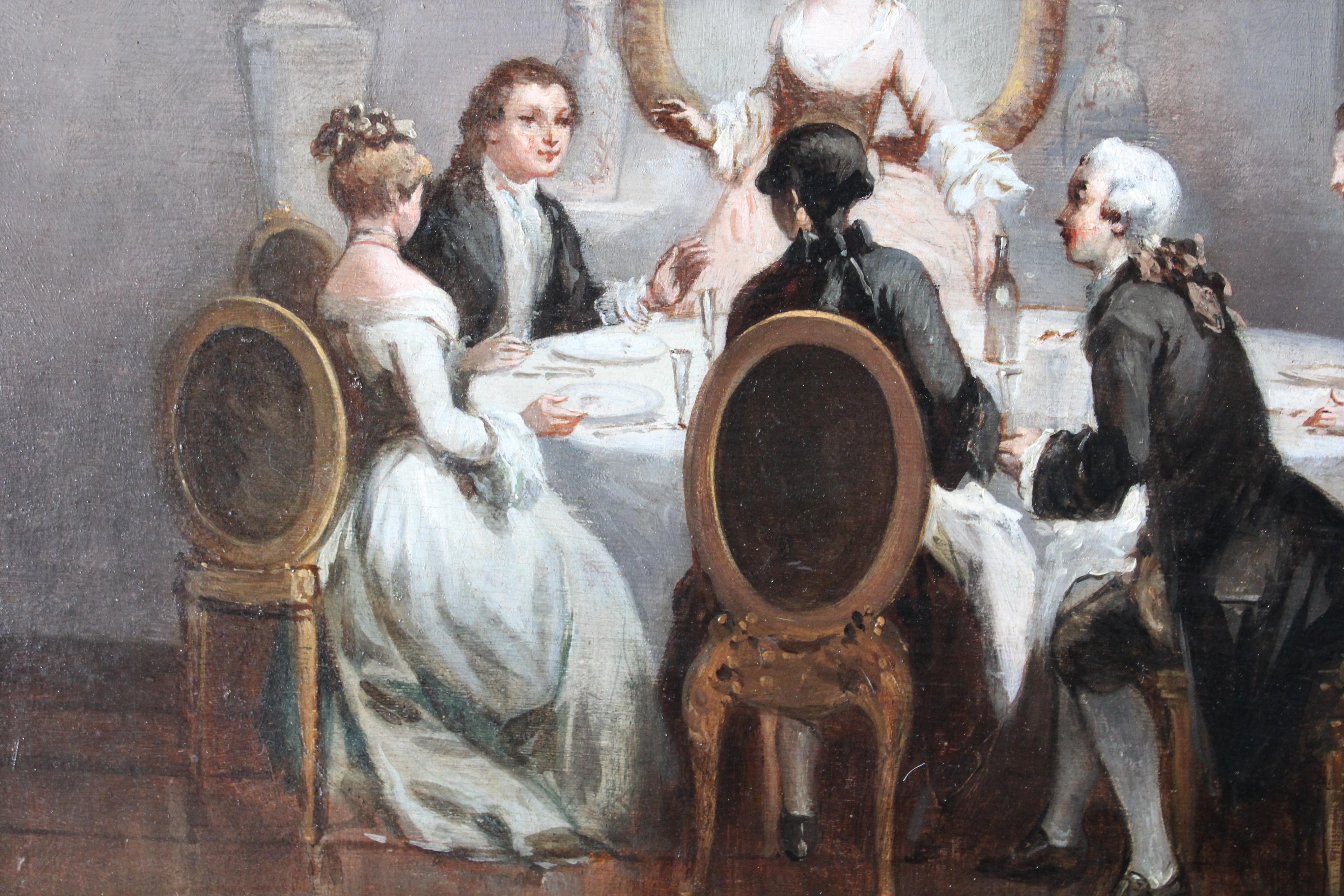 Antique interior oil painting signed Romantic oil painting of a dinner party - Brown Interior Painting by Léonard Saurfelt