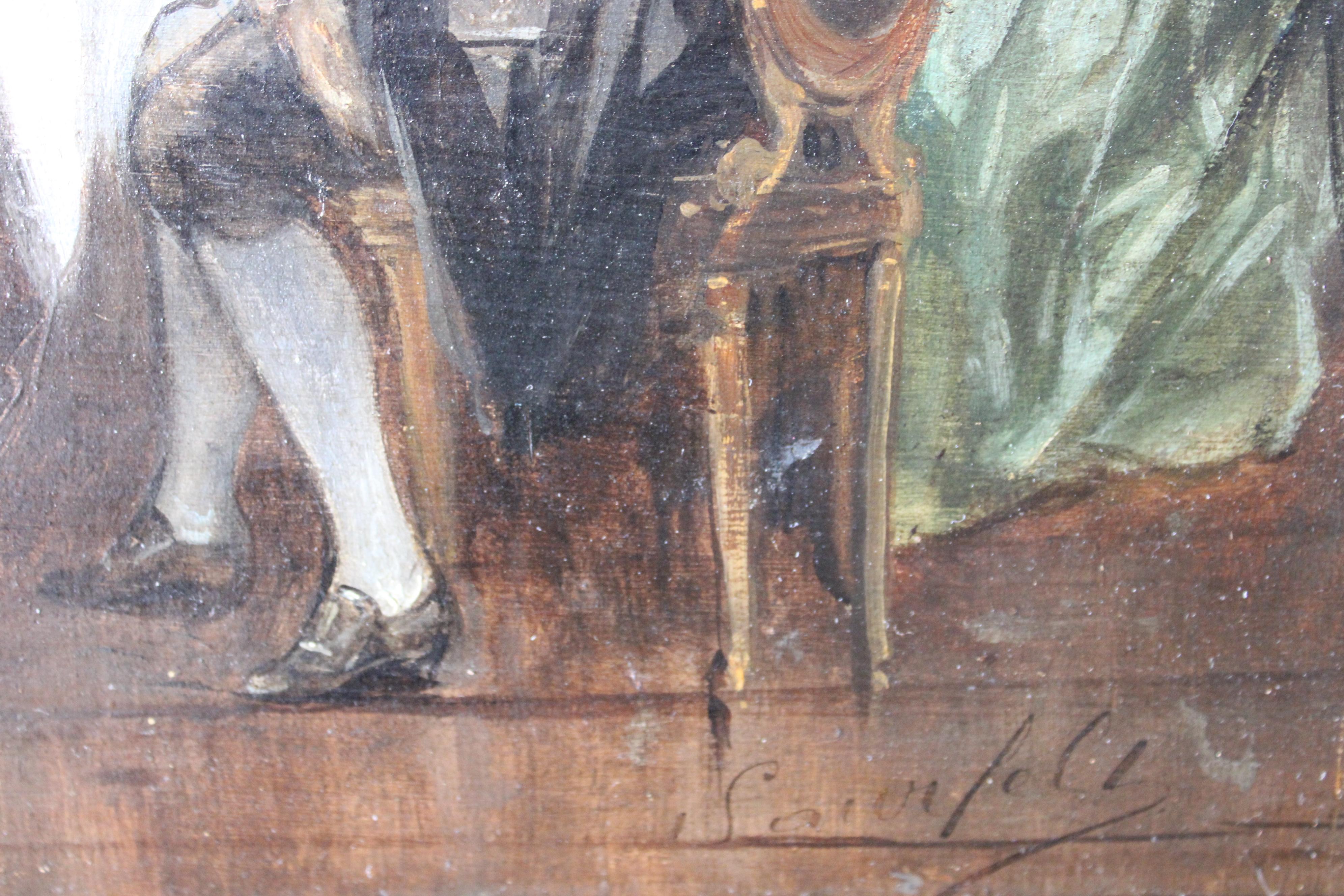Antique interior oil painting of a French dinner party oil on wood in a gold coloured frame by French artist Leonard Saurfelt, signed in the bottom right corner.  A charming and unusual painting of an 18th century formal French dinner party in
