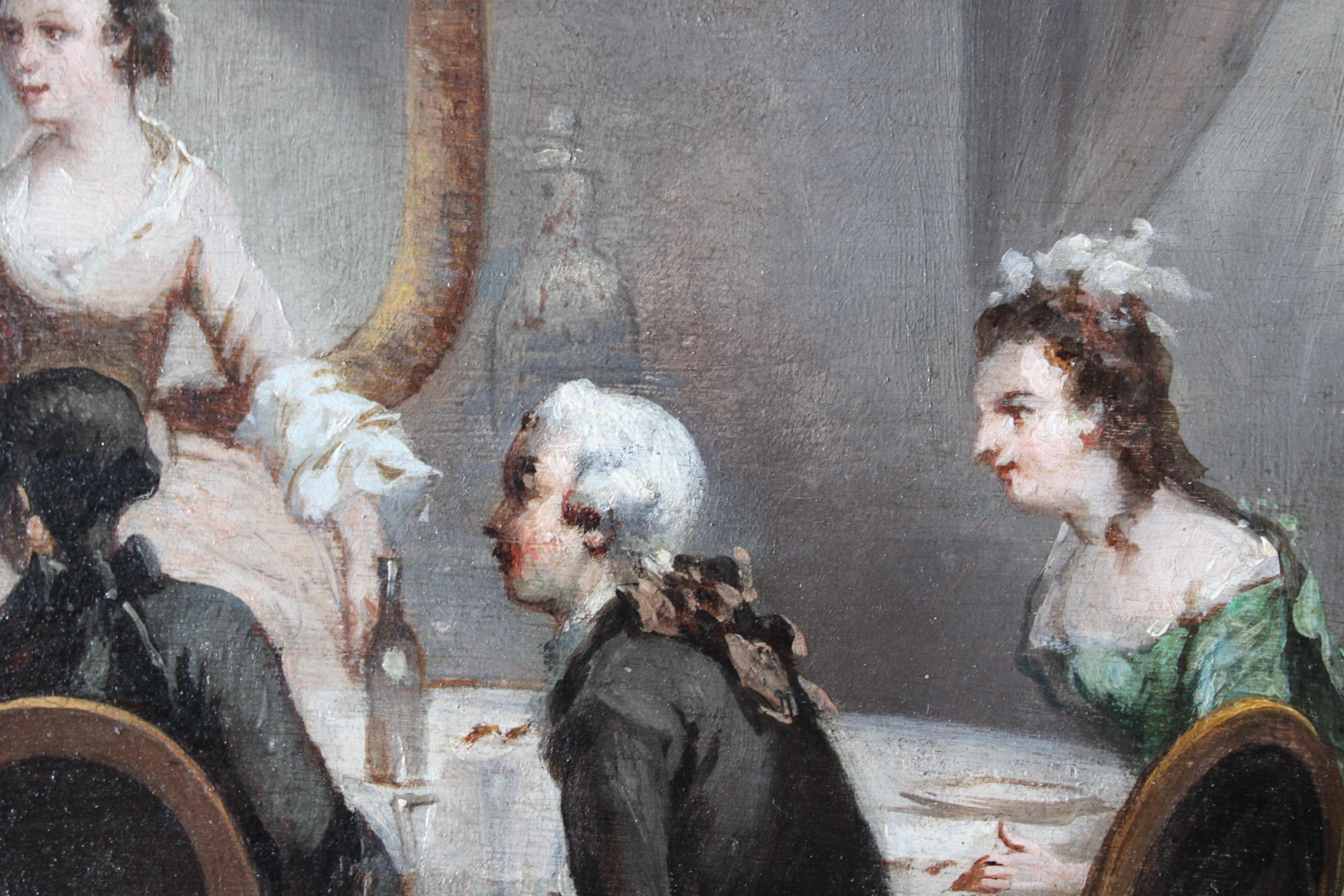 Antique interior oil painting signed Romantic oil painting of a dinner party 1