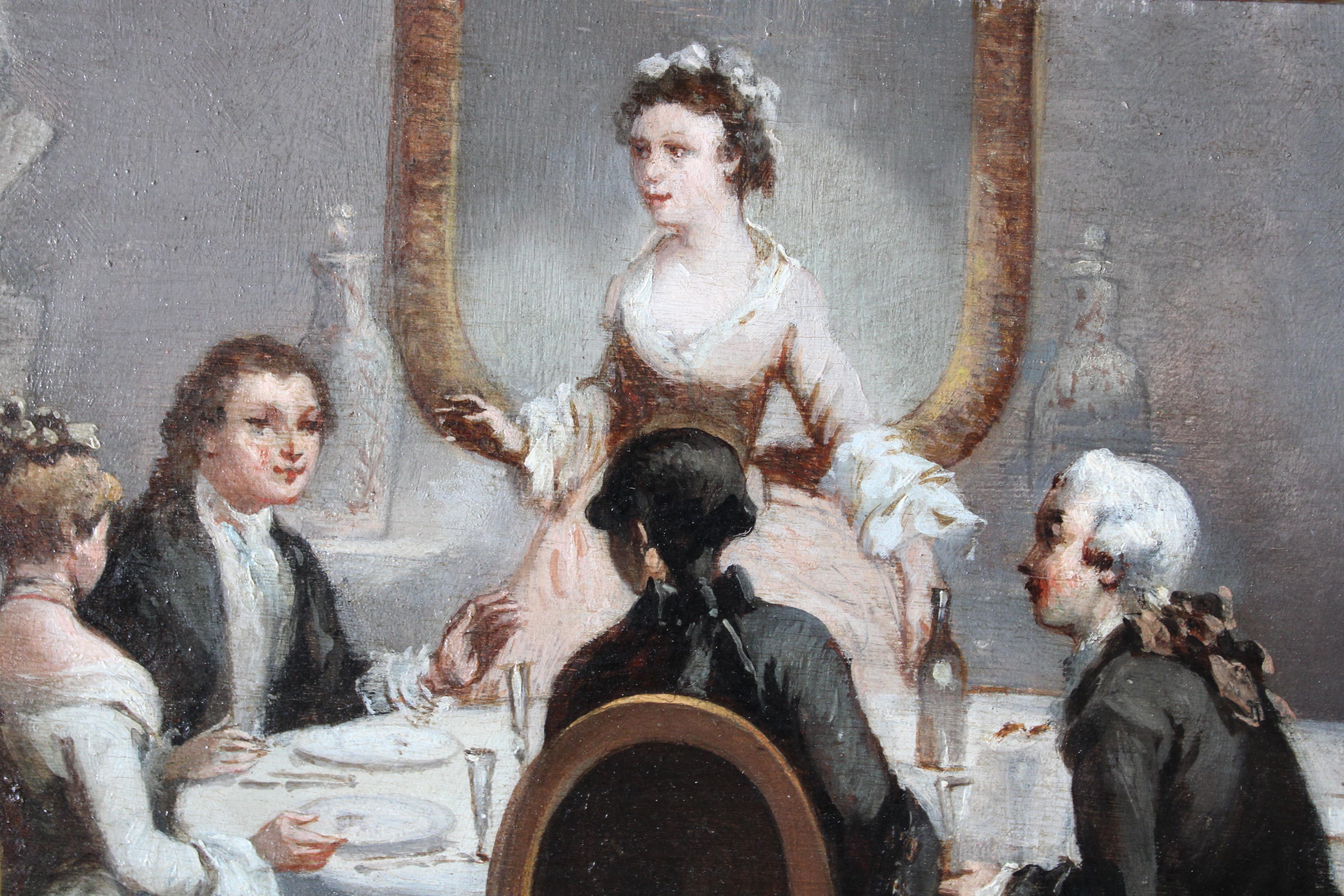Antique interior oil painting signed Romantic oil painting of a dinner party 2