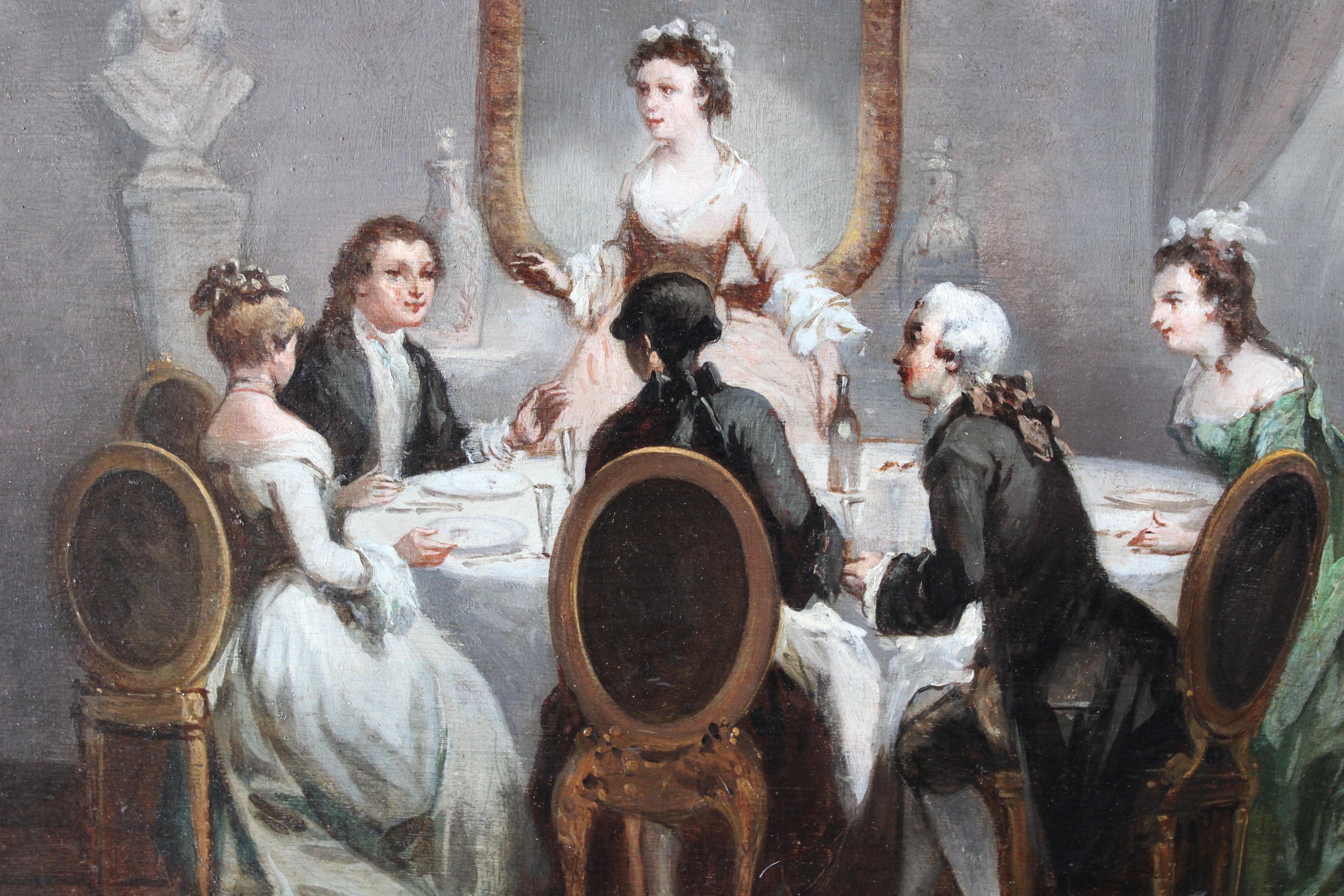 Antique interior oil painting signed Romantic oil painting of a dinner party 3