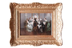 Antique interior oil painting signed Romantic oil painting of a dinner party