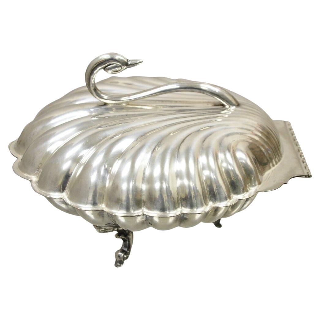 Leonard Silverplate Clam Shell Form Silver Plated Hinged Warmer with Swan Handle For Sale