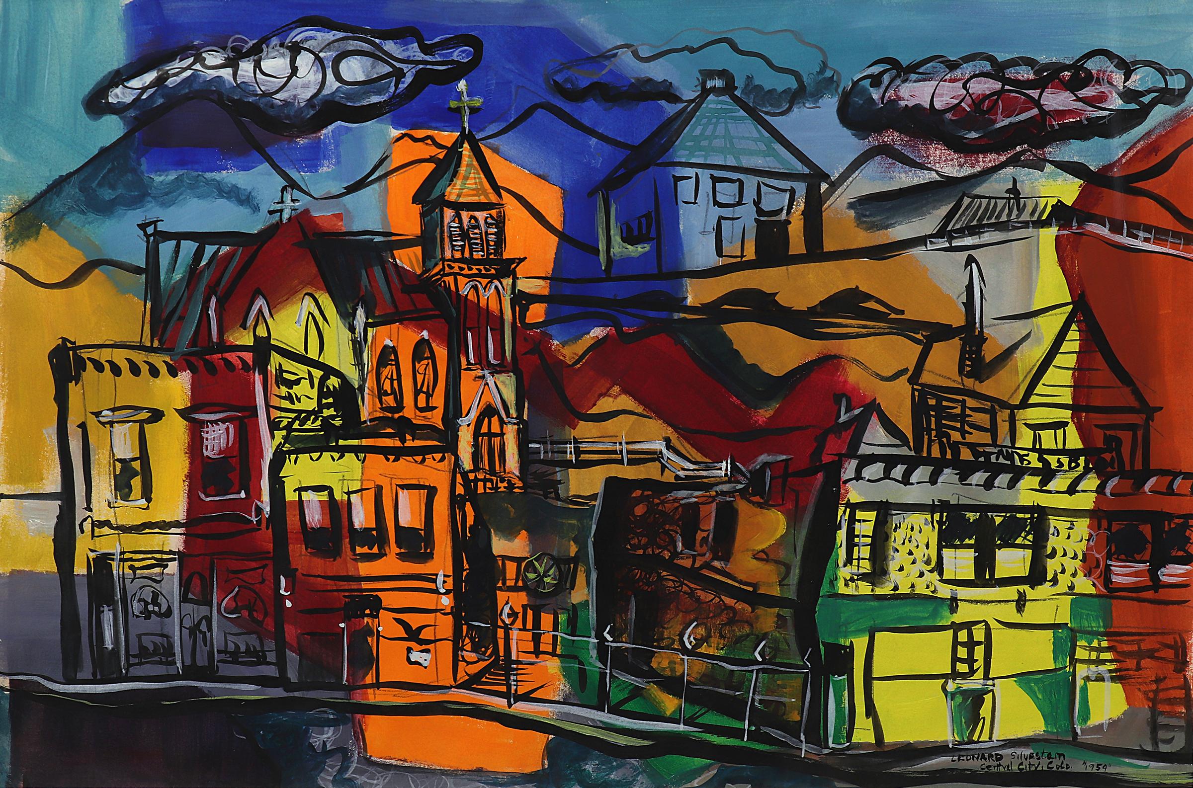Central City, Colorado, peinture à la gouache semi-abstraite de paysage urbain rouge et bleu, années 1950 - Painting de Leonard Silverstein 