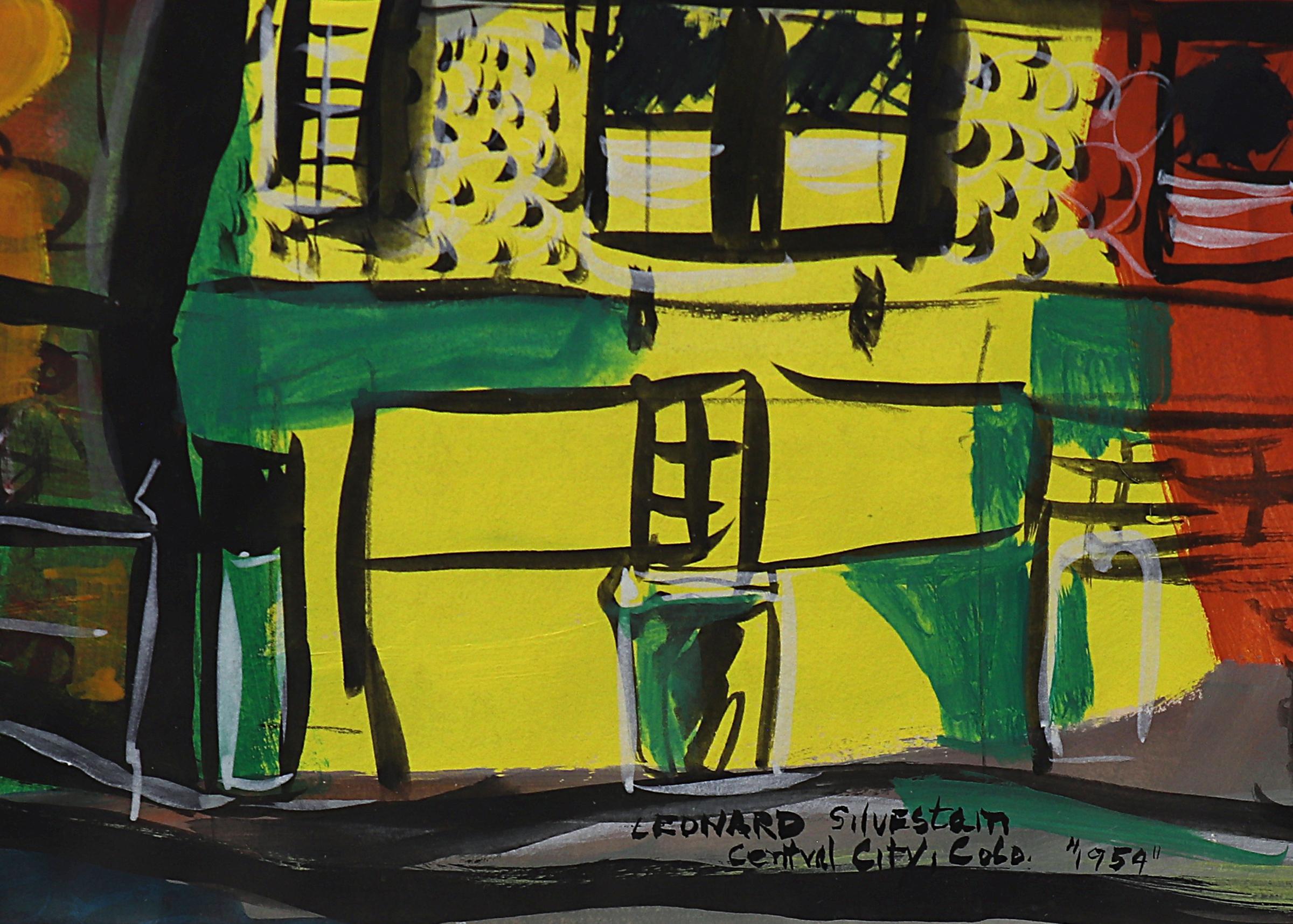 Central City, Colorado, peinture à la gouache semi-abstraite de paysage urbain rouge et bleu, années 1950 - Modernisme américain Painting par Leonard Silverstein 