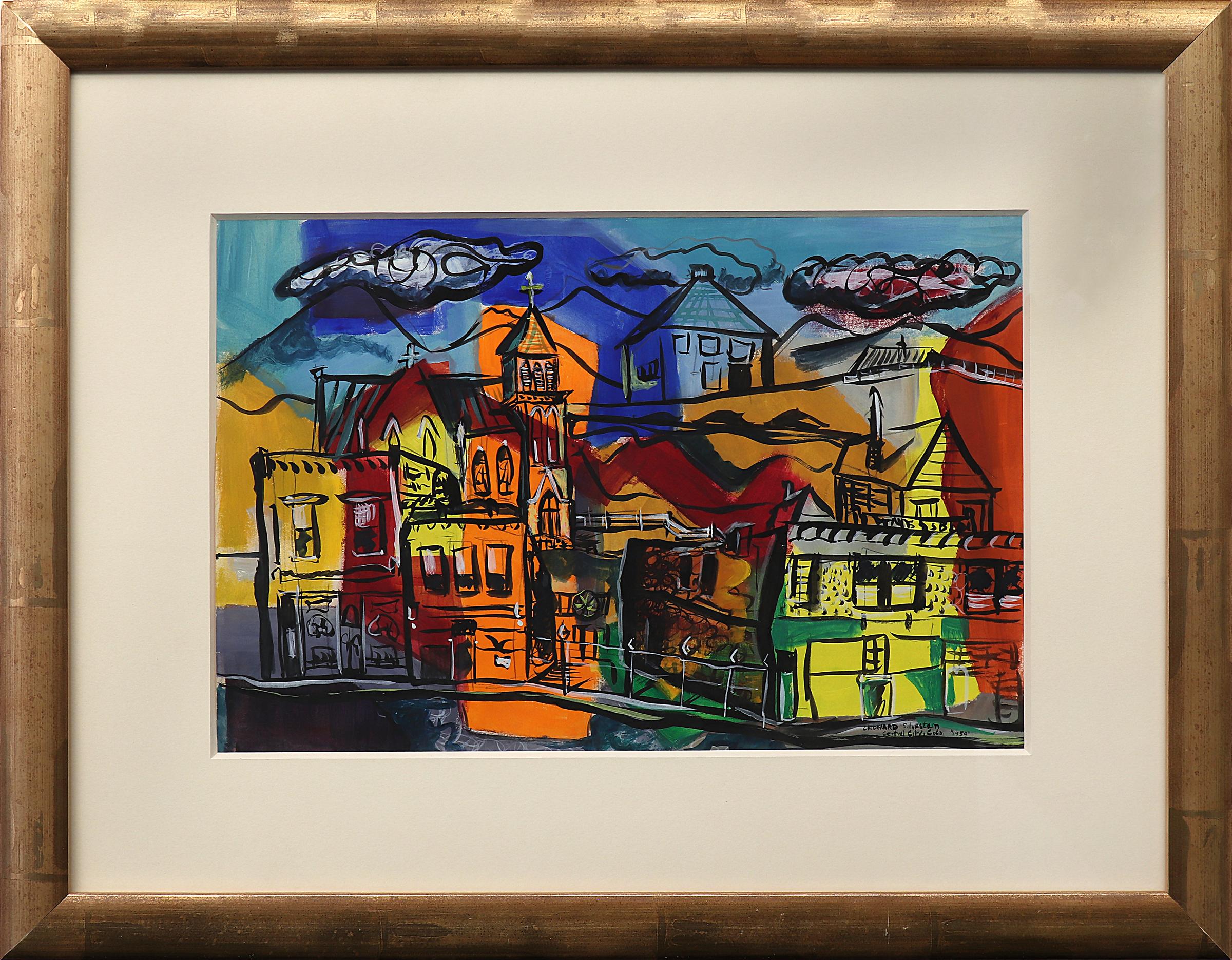 Central City, Colorado, 1950s Semi-Abstract Cityscape Gouache Painting, Red Blue