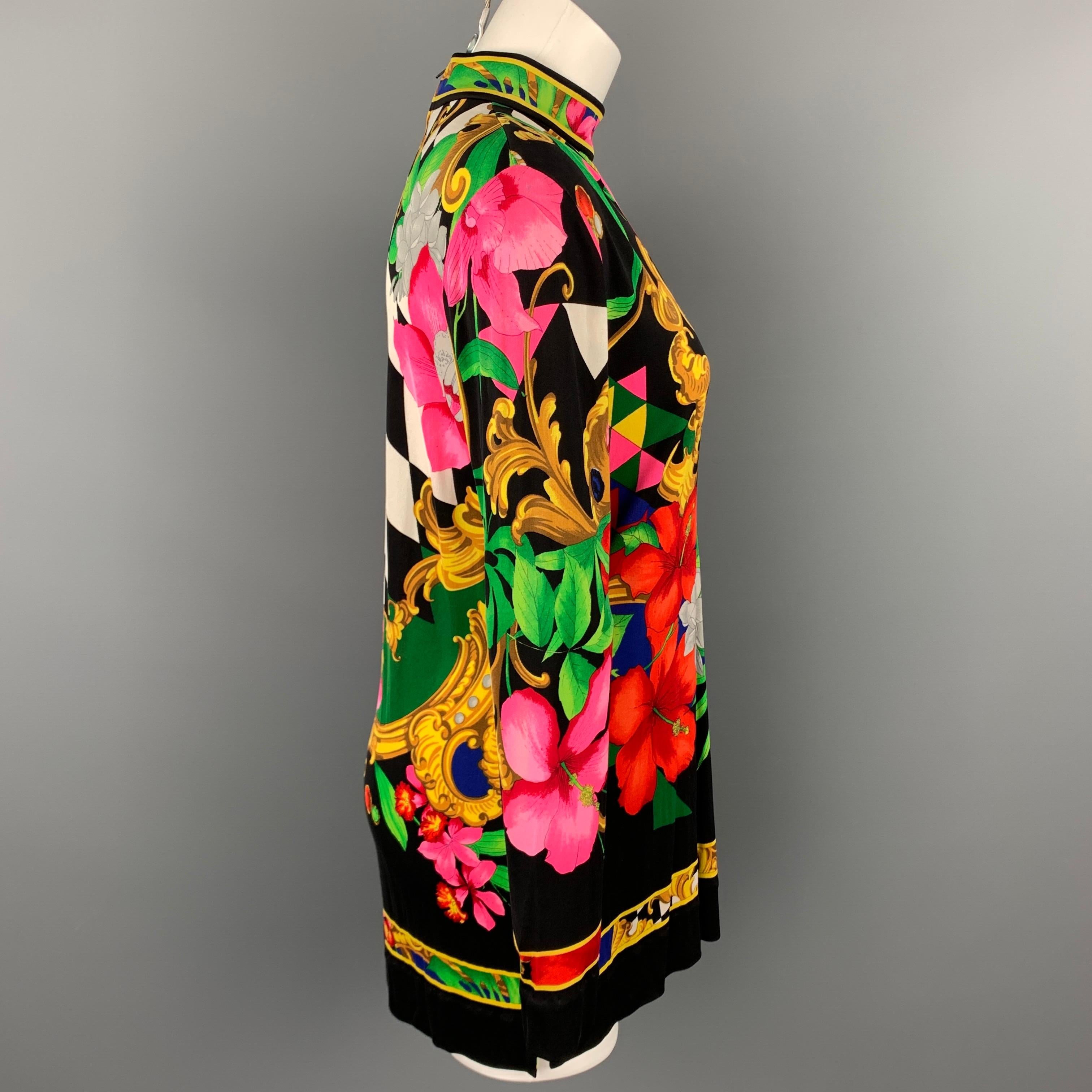 Black LEONARD Size M Multi-Color Floral Silk Tunic Blouse
