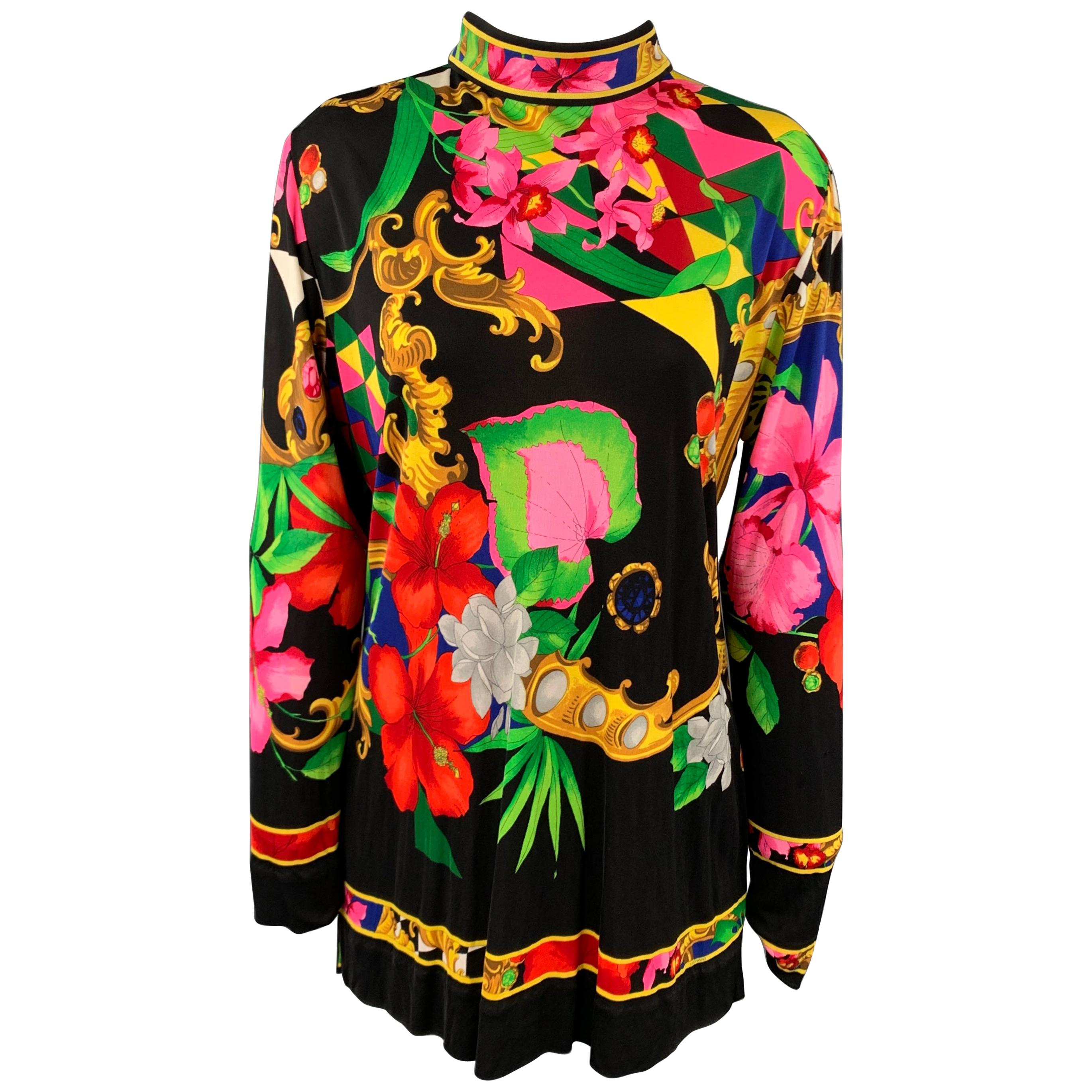 LEONARD Size M Multi-Color Floral Silk Tunic Blouse