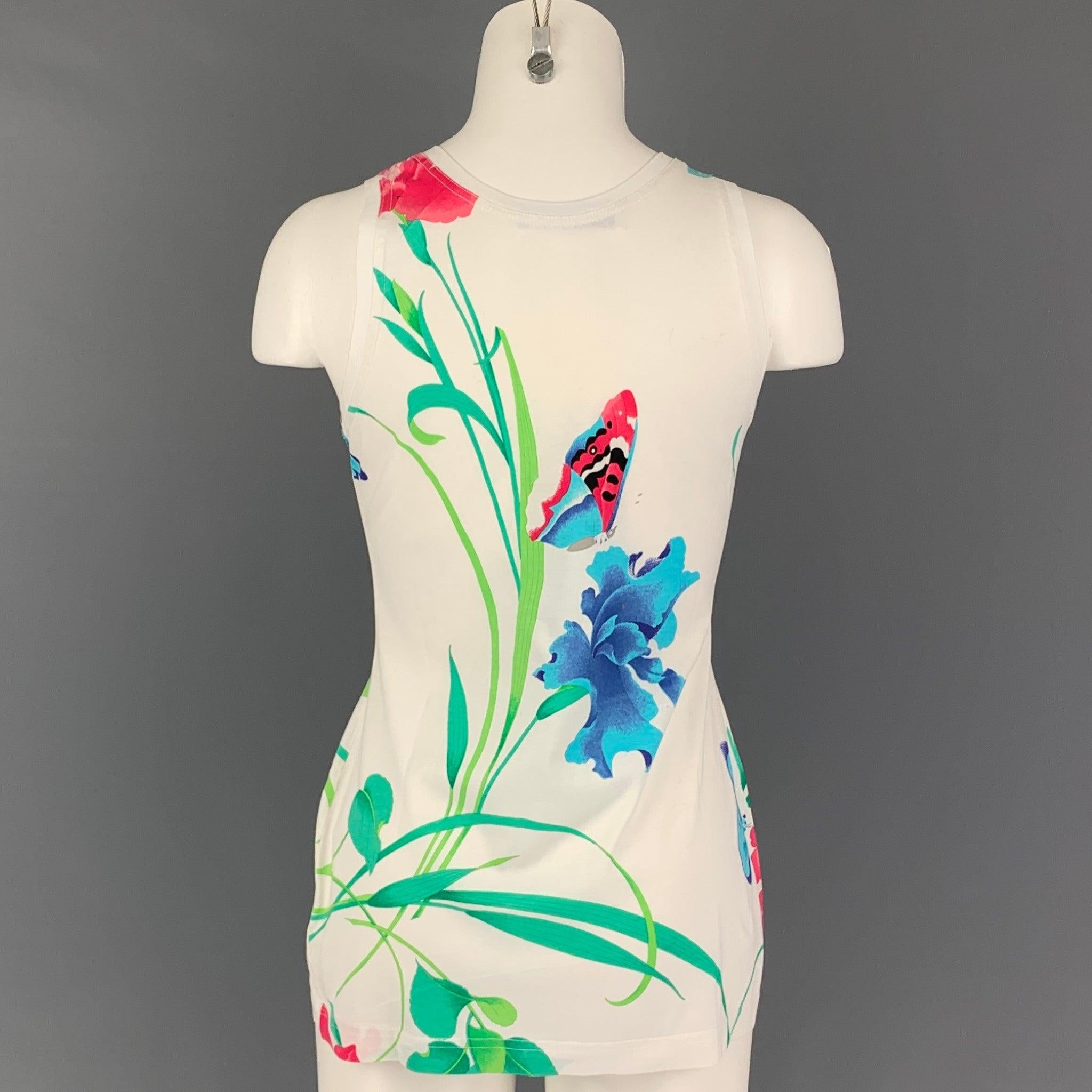 LEONARD Size M White Multi-Color Floral Tank Casual Top In Good Condition For Sale In San Francisco, CA