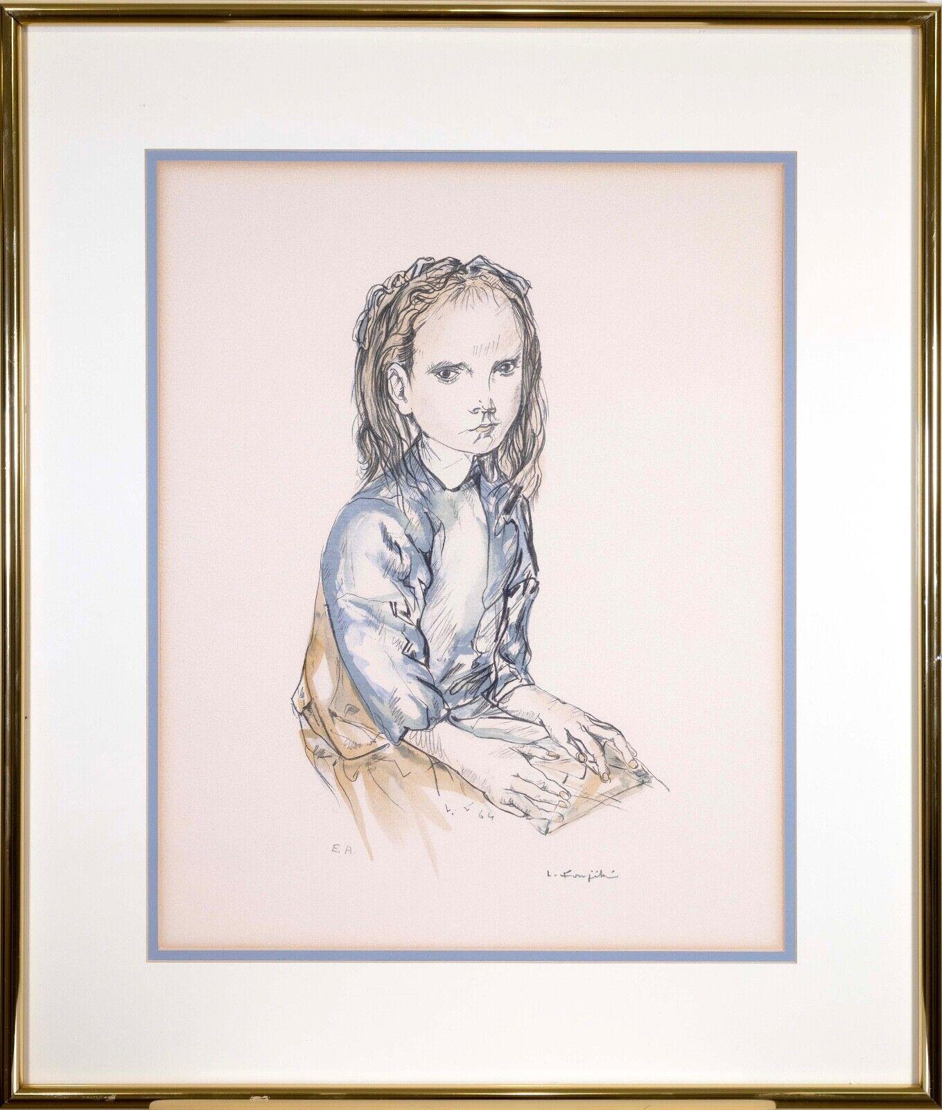 An introspective lithograph in colors on paper titled “Girl Holding a Letter” by Japanese French artist Leonard Tsugouharu Foujita. Hand signed in pencil on the bottom right with an E.A. annotation on the bottom left. Published in 1964. Cat. Rais.
