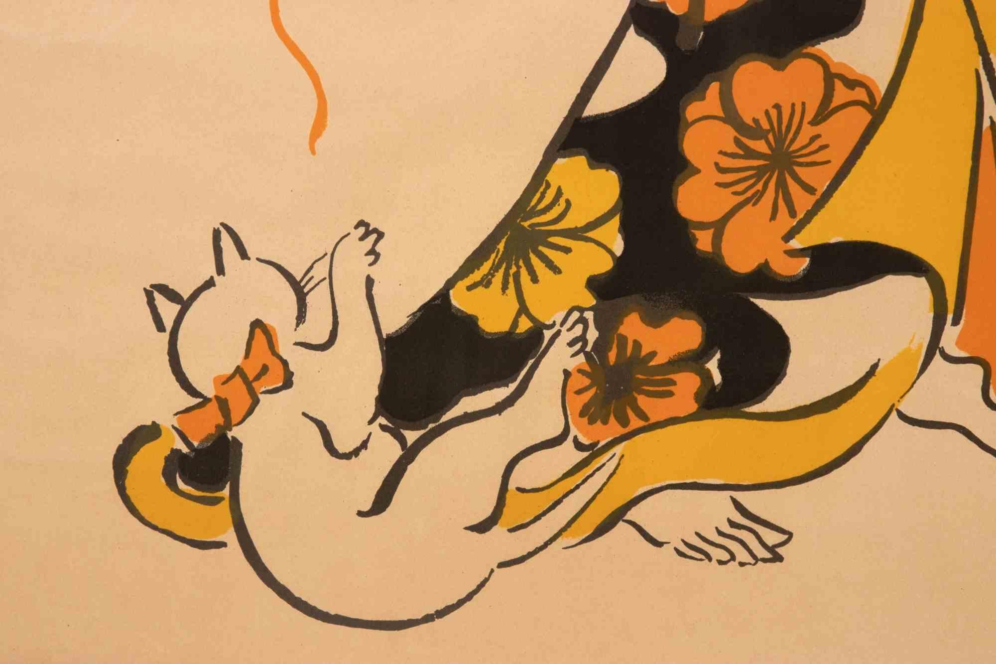 Geisha Playing with a Kitten - Lithograph by Leonard Tsuguharu Foujita - 1926 For Sale 2