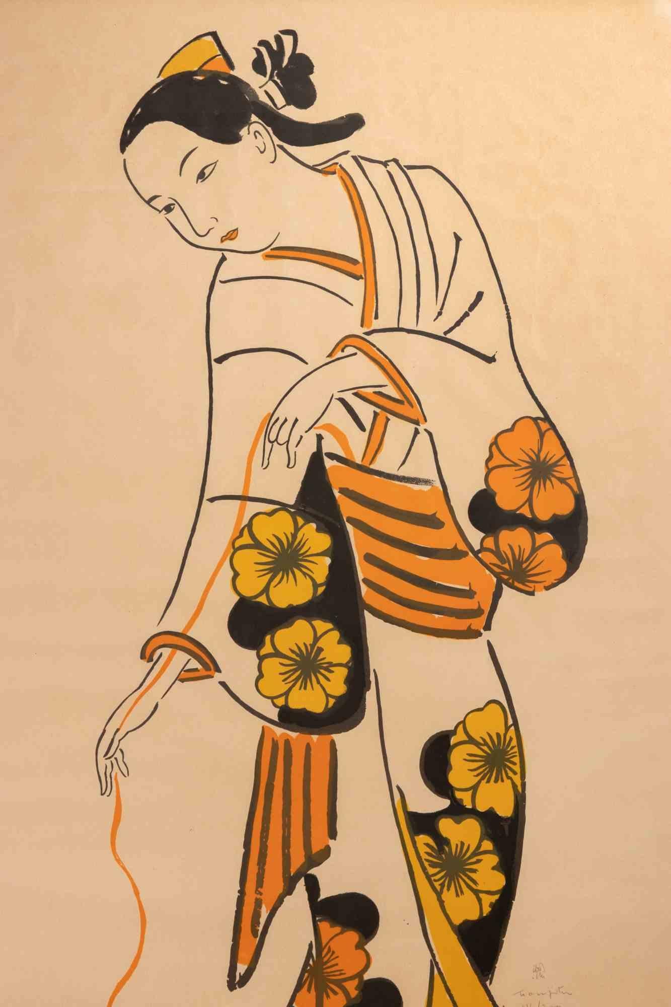 Geisha Playing with a Kitten - Lithograph by Leonard Tsuguharu Foujita - 1926 For Sale 3