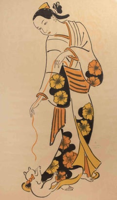 Antique Geisha Playing with a Kitten - Lithograph by Leonard Tsuguharu Foujita - 1926