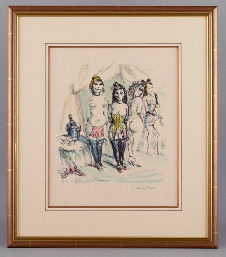 Léonard Tsuguharu Foujita (1886–1968), well listed Japanese/French artist. 
Color lithograph on paper. 
E. A. = Artist´s edition.
Brothel scene.
Mid-20th century.
In perfect condition.
Signed in pencil 