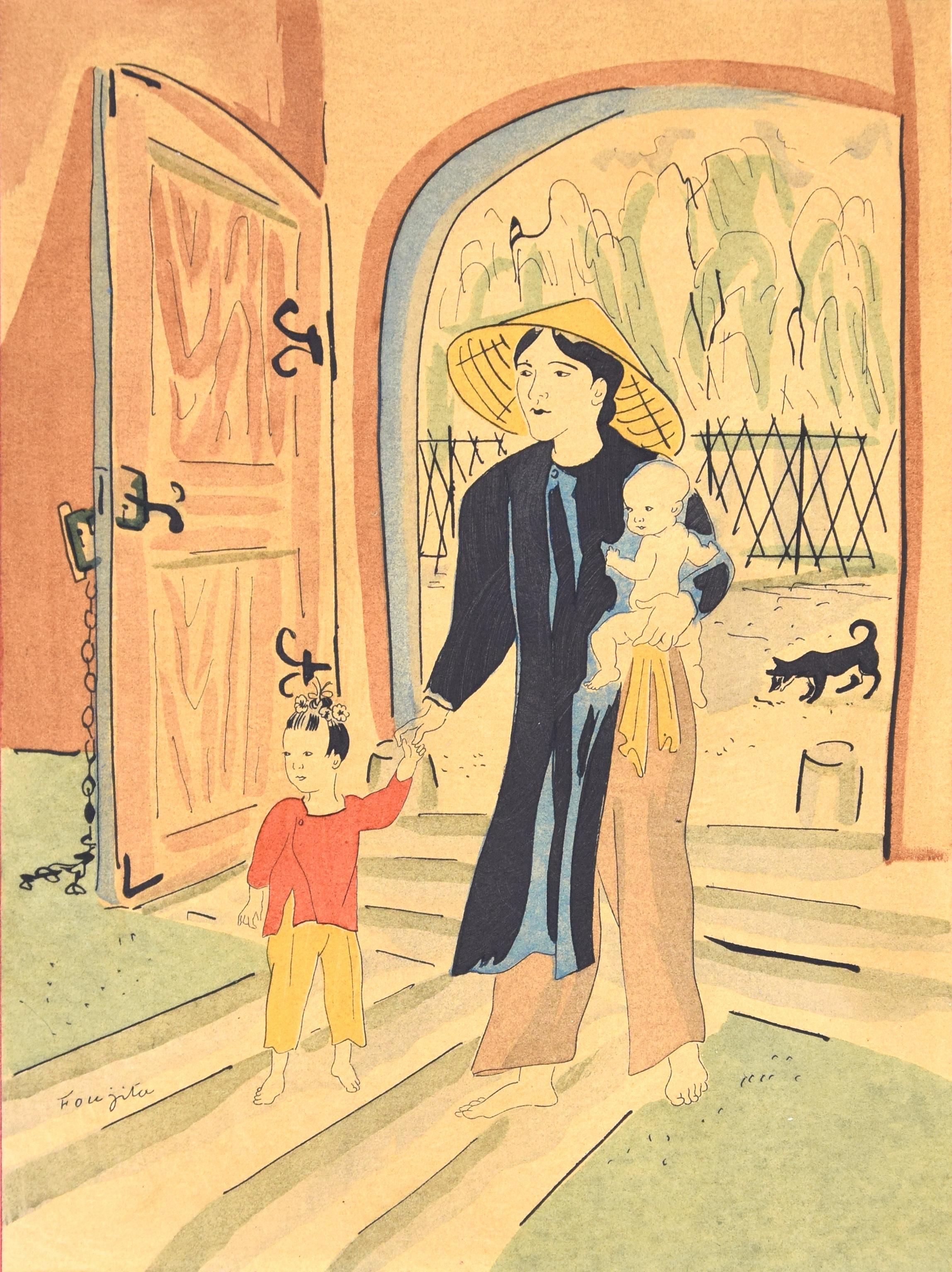 Leonard Tsuguharu Foujita Figurative Print - Back Home - Original Lithograph by L.T. Foujita - 1928