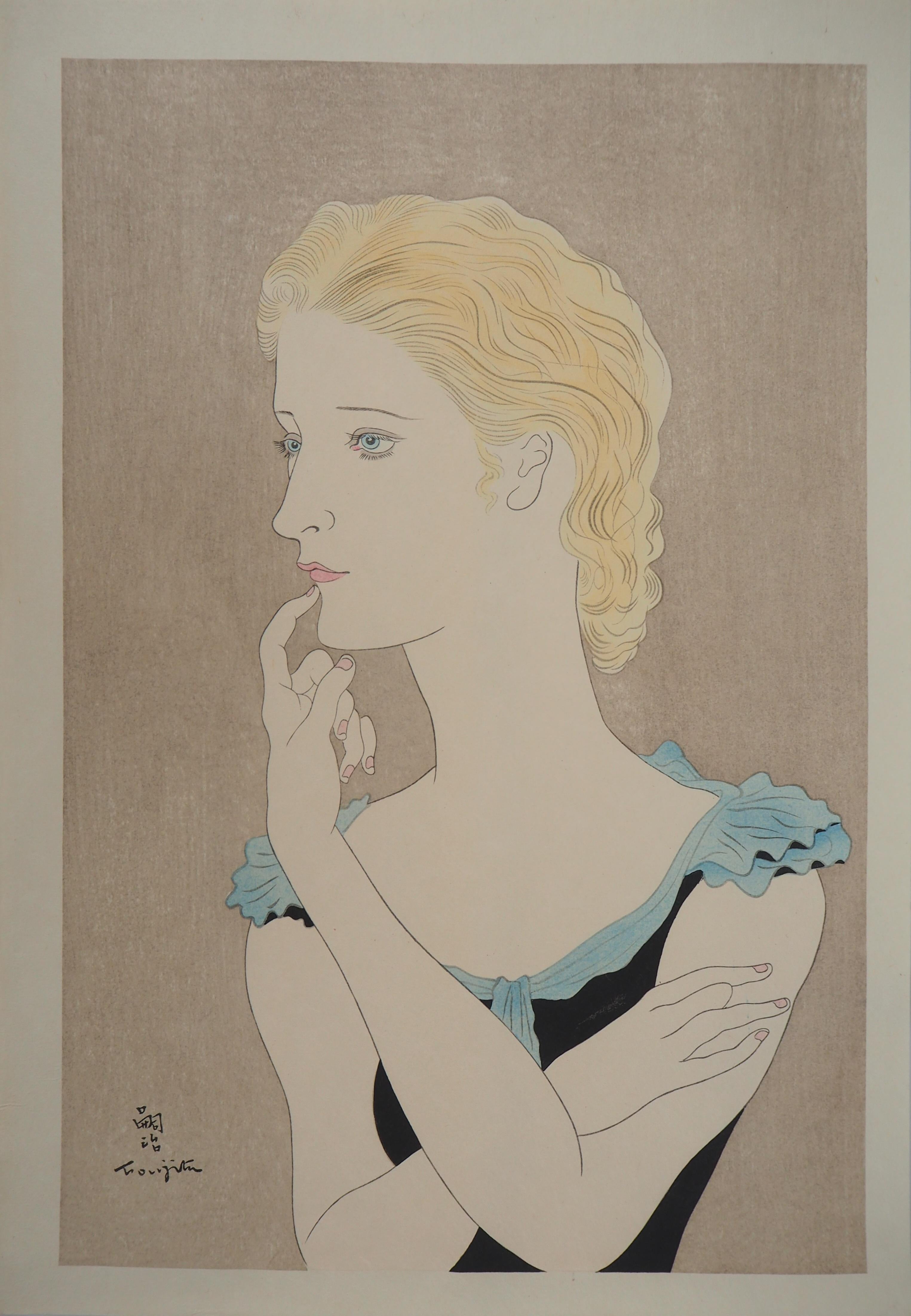 Leonard Tsuguharu Foujita Portrait Print - Blond Hair Woman - Original woodcut print (Buisson #35.08)